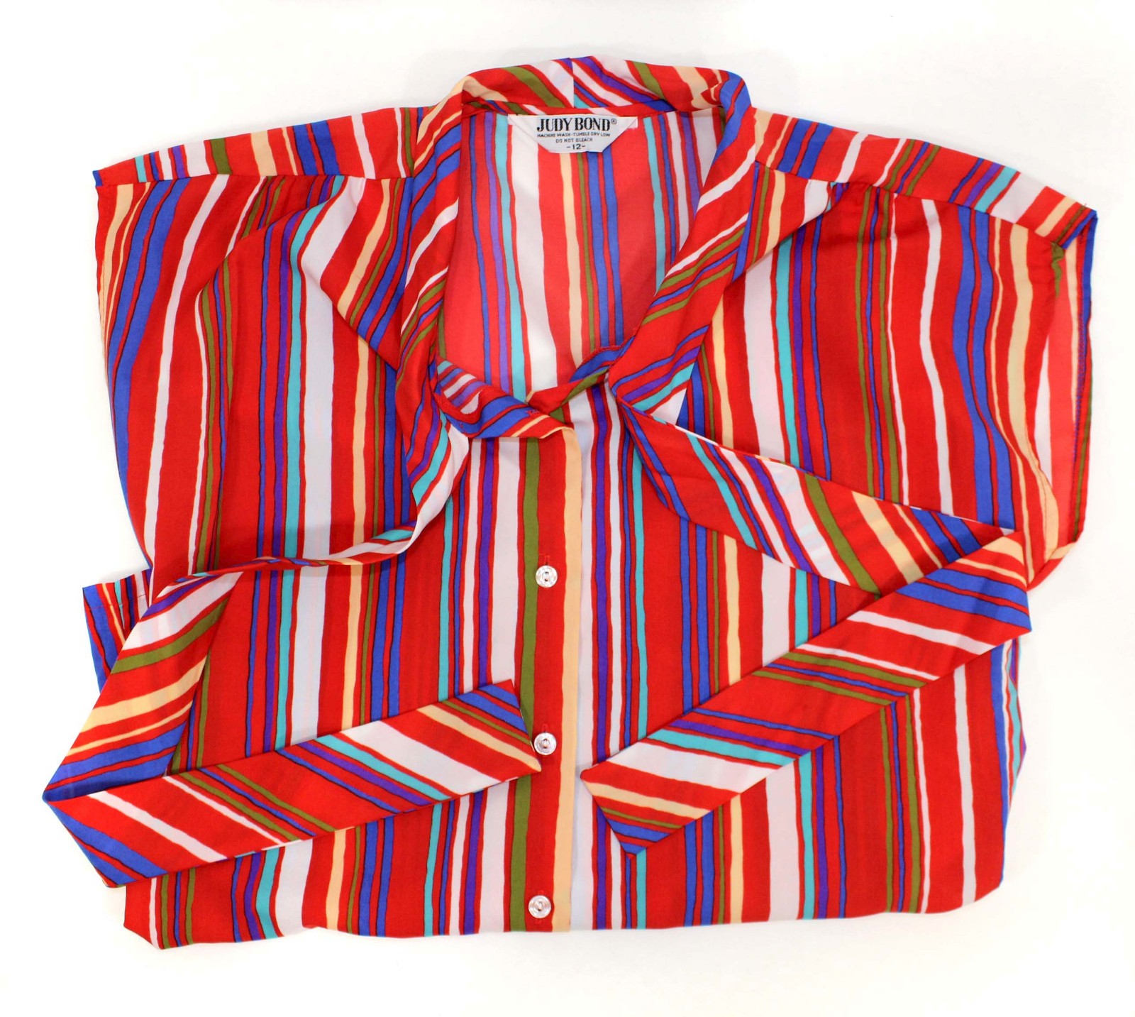 Vintage Judy Bond Tie Neck Secretary Blouse Multi Color Striped 12 Button Up