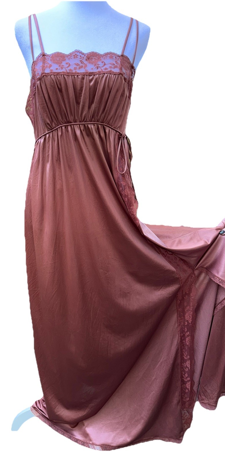 Vtg New Nightgown Long Goddess Pinehurst 70s Inset Lace UNIQUE Copper Brown M 36