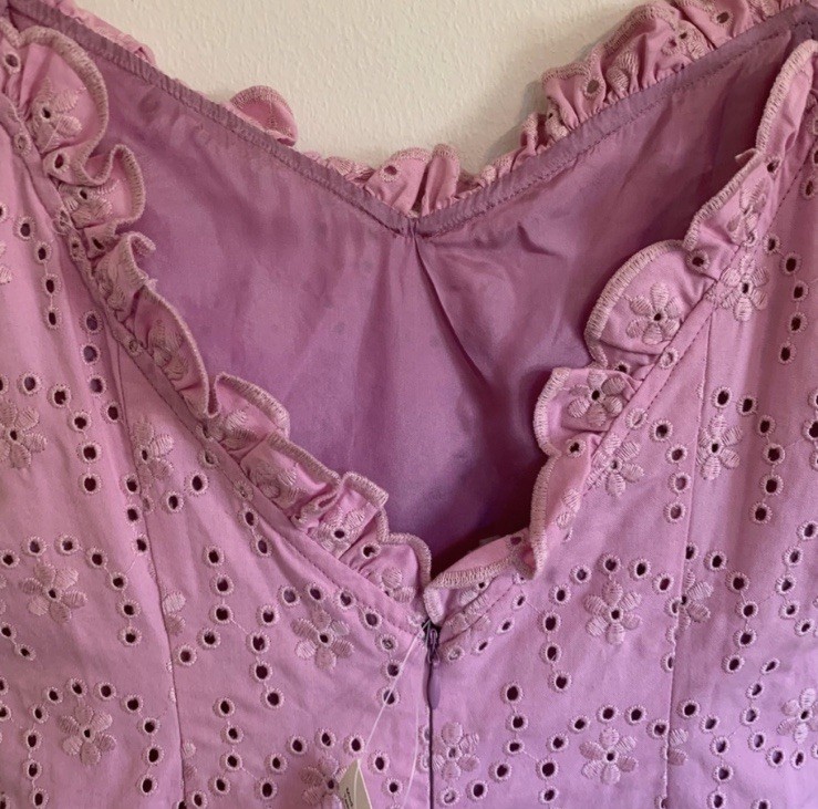 Moschino Jeans Y2K Vintage Pink Embroidery Eyelet Dress Scallop Finish EU 40