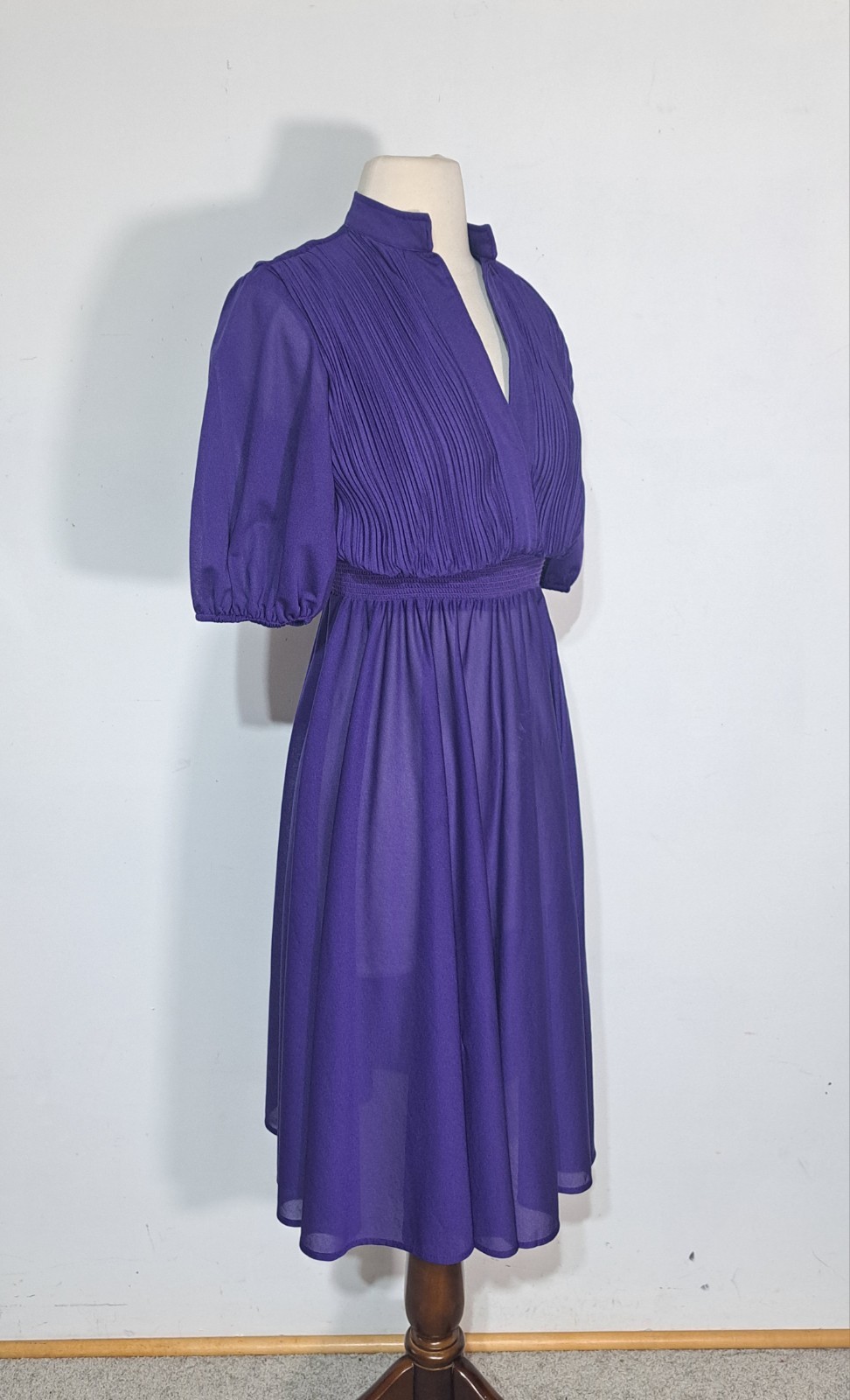 Vintage 1980s Sheer Purple Dress Pleated Bodice Samuel Blue Gathered Waist Sz S