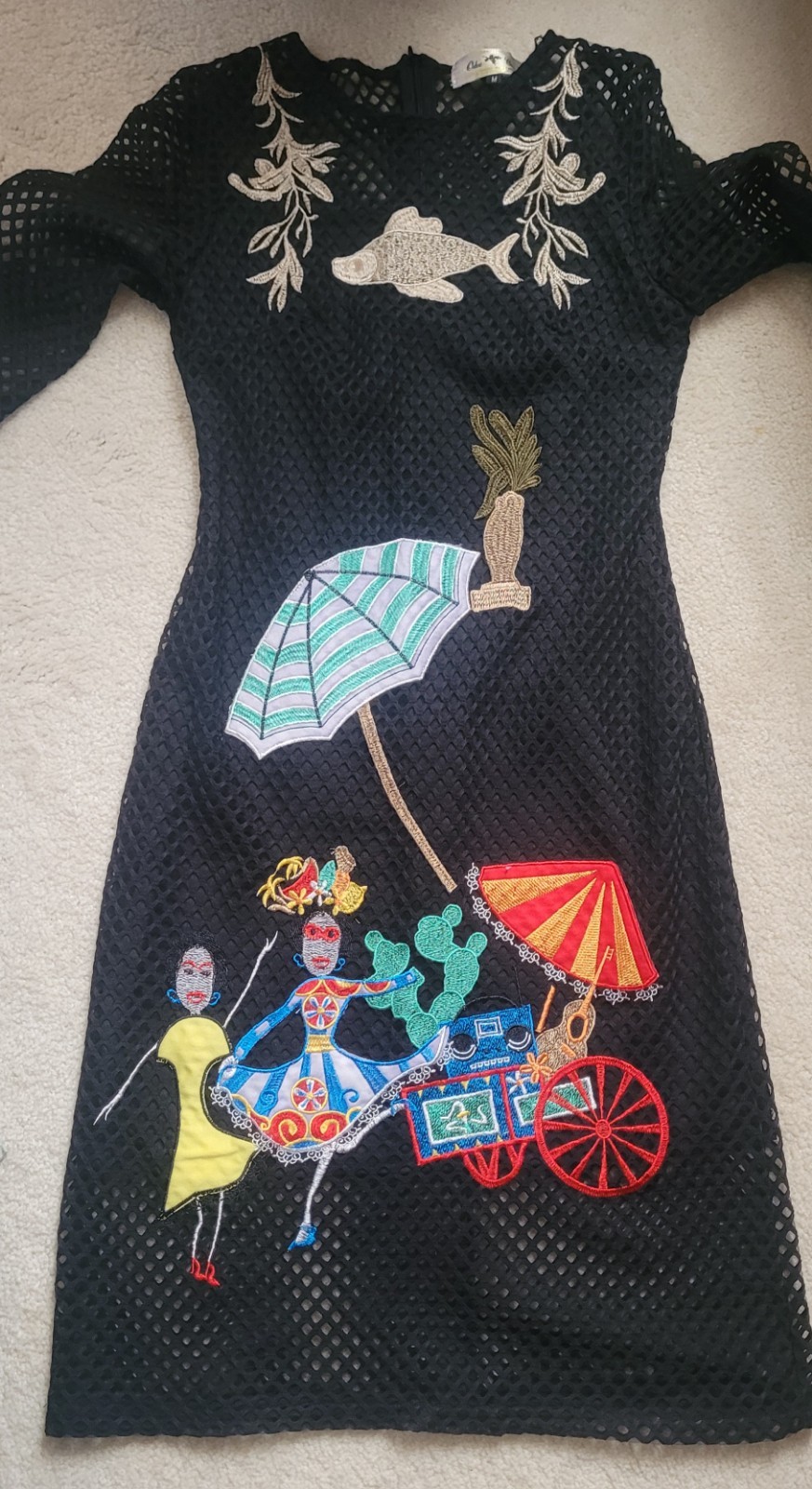 Vintage Bodycon Dress M Black Cocktail Formal Embroidered