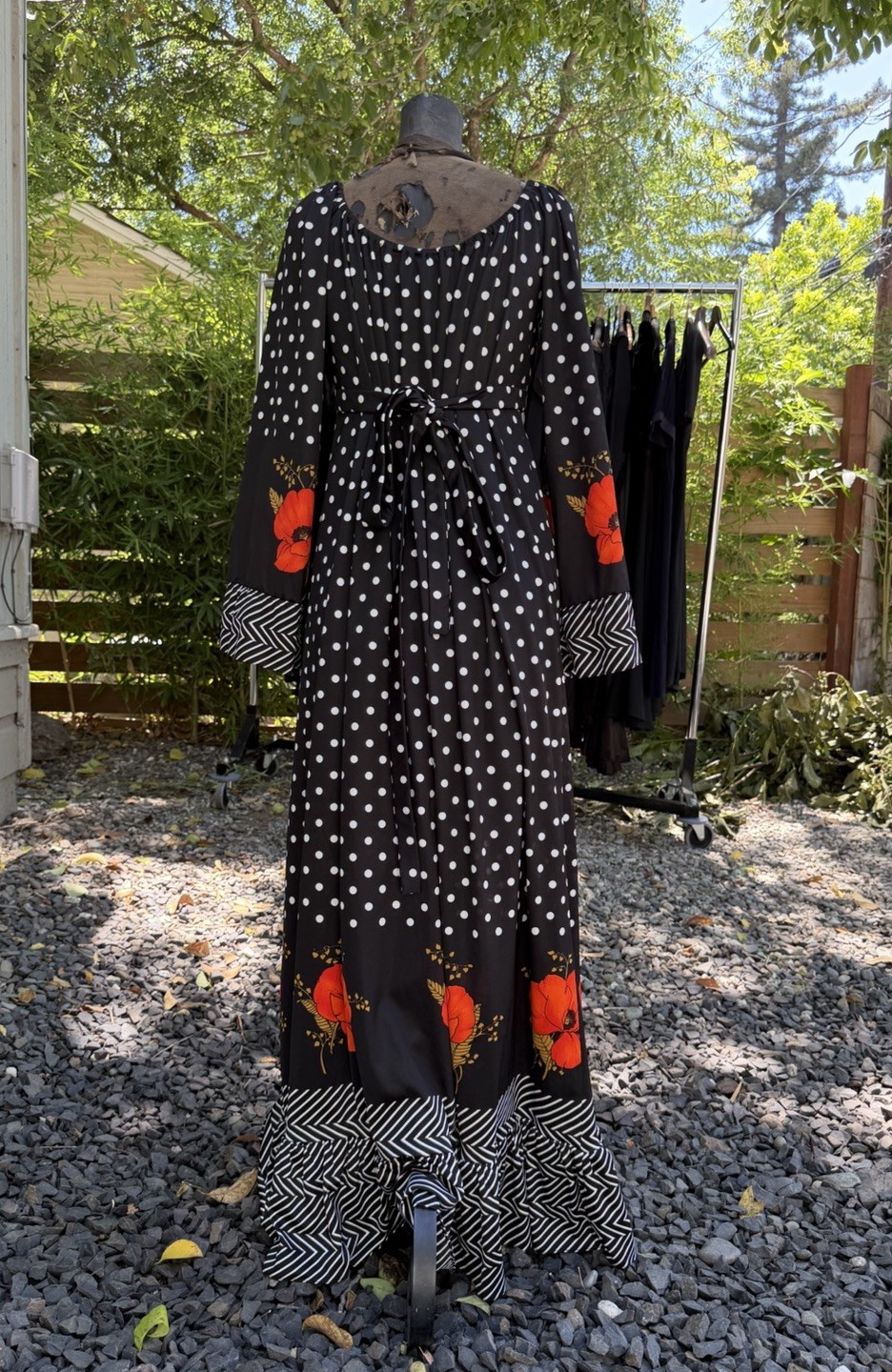Vintage 70s Black Polka Dot Poppy Maxi Dress Boho Prairie Hippie California L