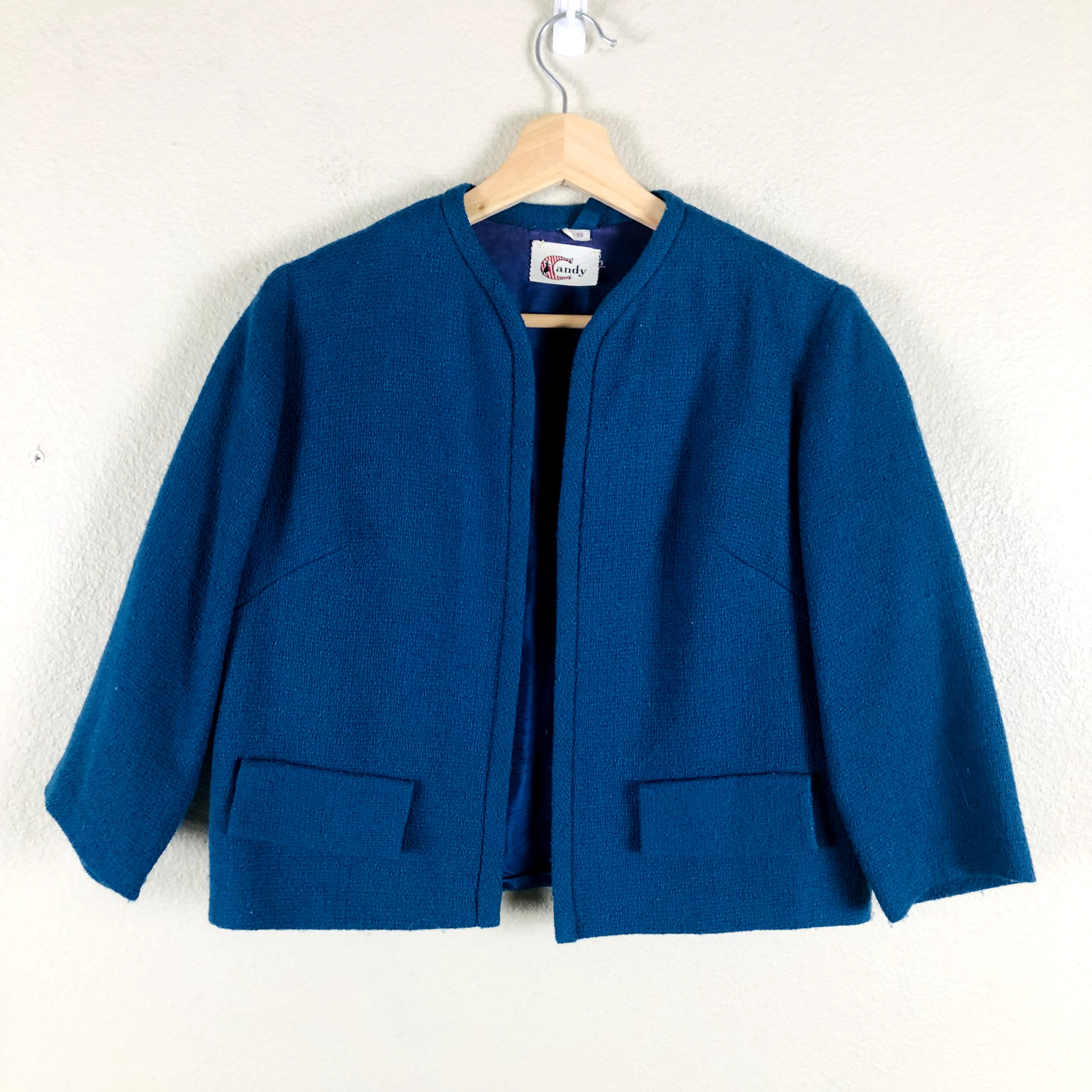 Vintage Candy Blazer Jacket Womens 12 Blue Open Cropped Career Workwear Casual