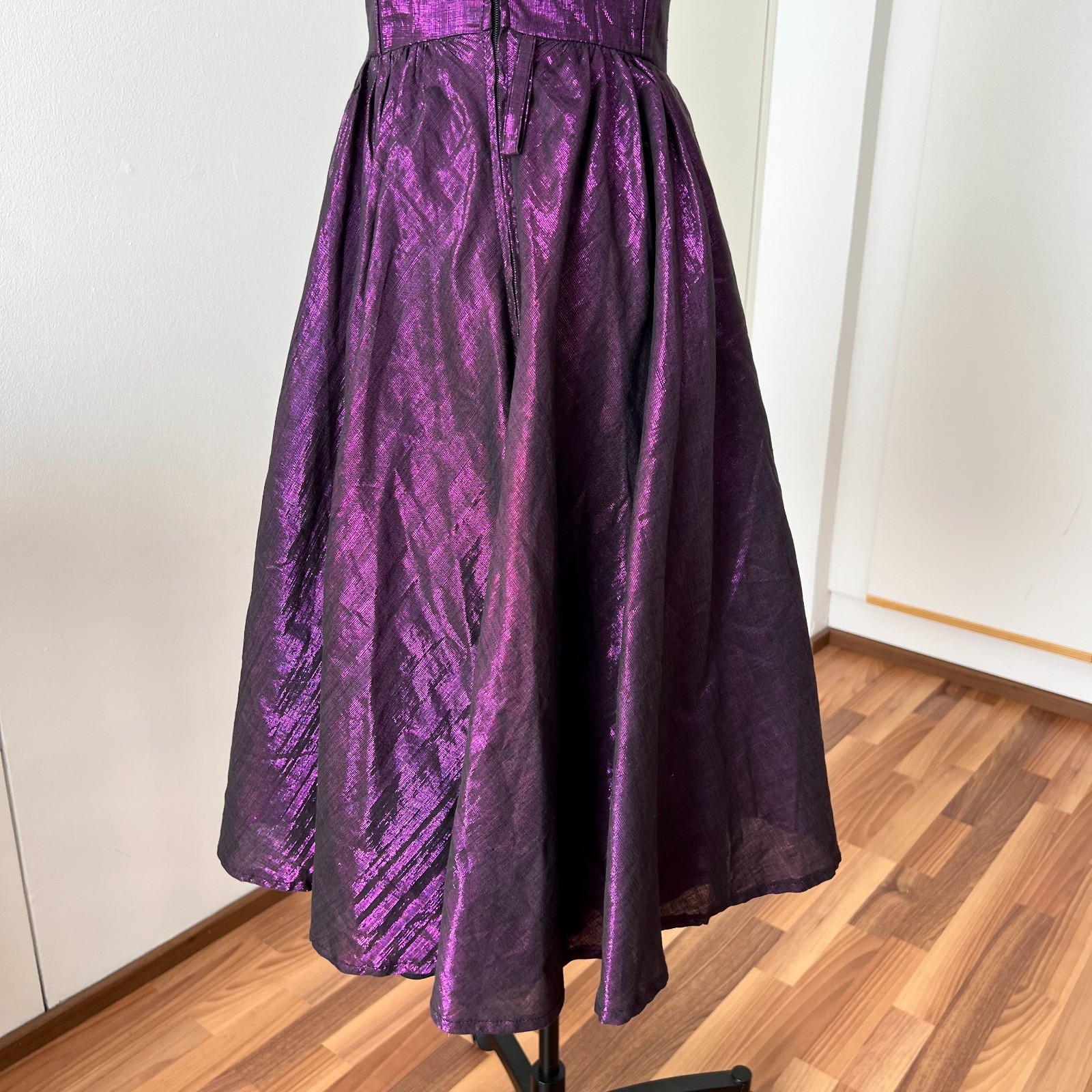 1980s Purple Lame Cocktail Dress Cotton Blend Portrait Collar Off Shoulder Party