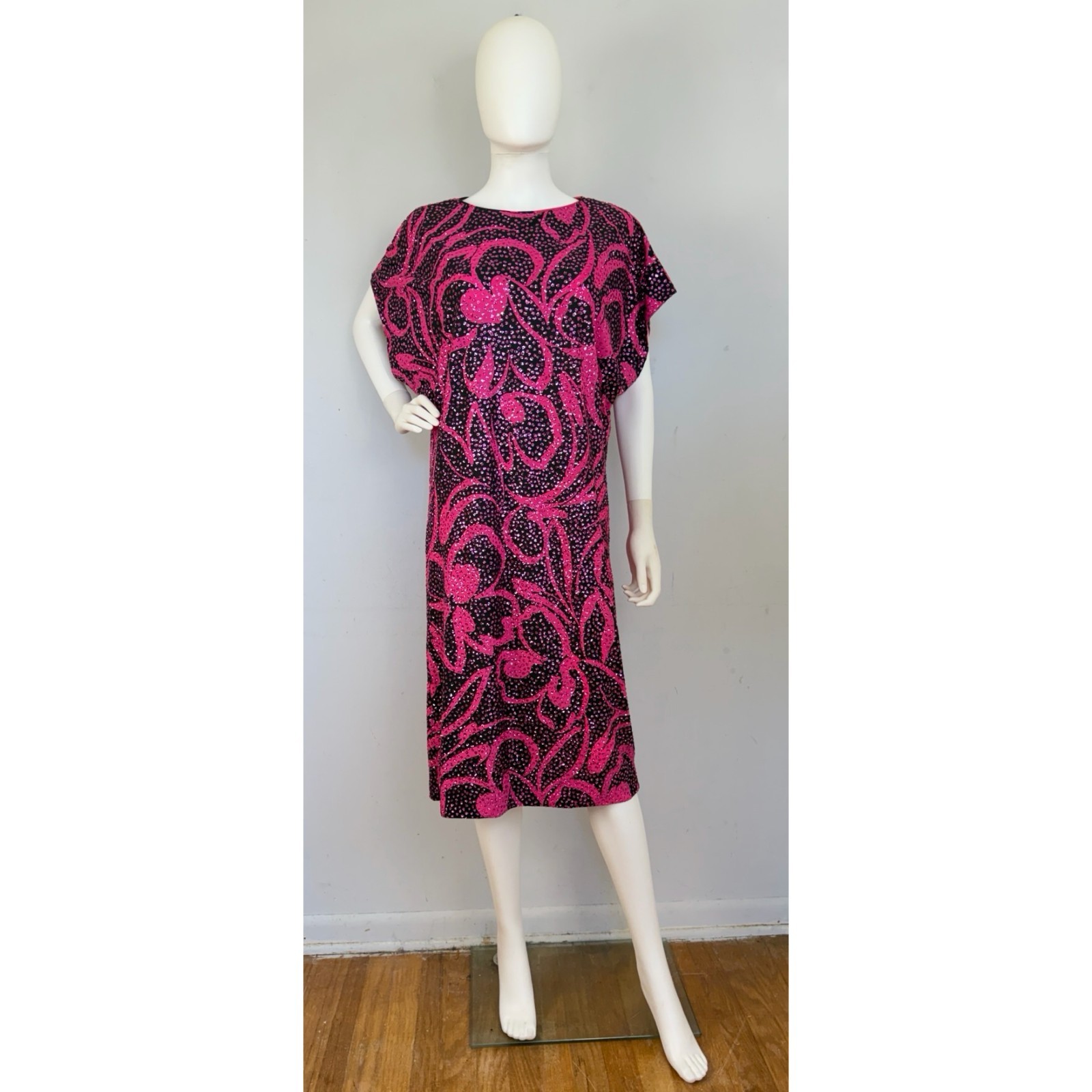 Vintage Glittery Dress, Hot Pink Black Nuin 1980s Gown (Made in United States),