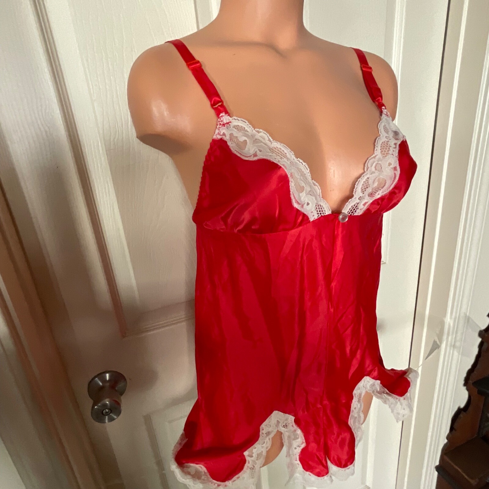 VTG Lily Of France SZ 36 LACY White Red Satin Bodysuit Romper Teddie USA