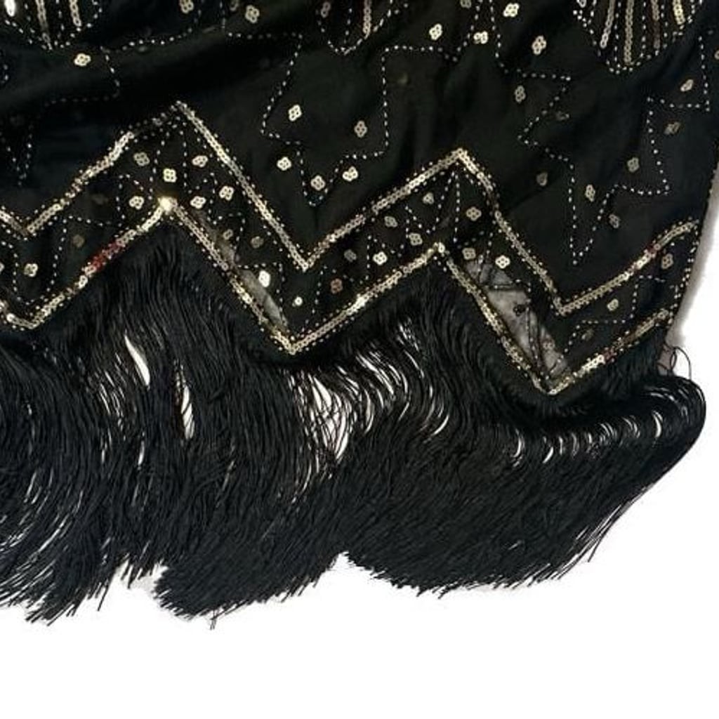 1920s Flapper Style Sequin Fringe Dress Black Gold Size XXL