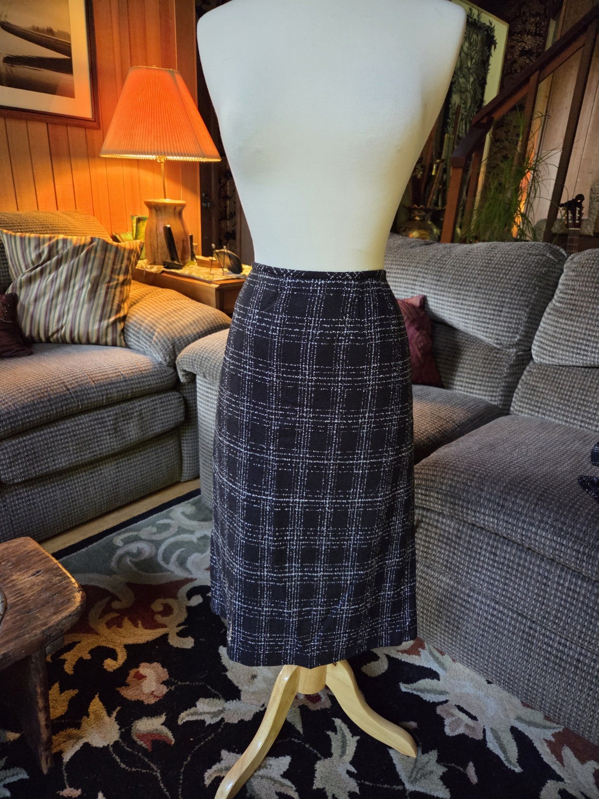 VTG 70s Studio Plaid Skirt Suit Set Size 14 Black White Padded Shoulder MINT