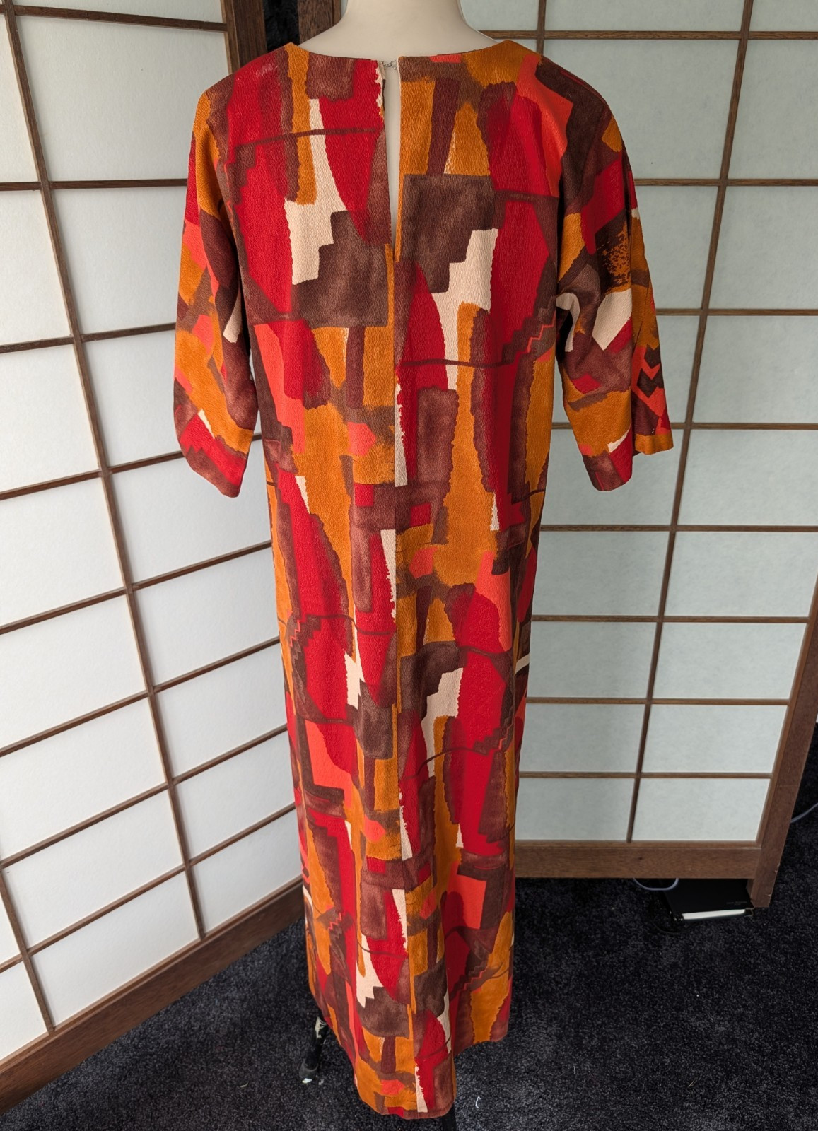 Vtg 70s Bark Cloth Caftan Dress MuuMuu Hand Made Abstract Geometric Hippie Boho