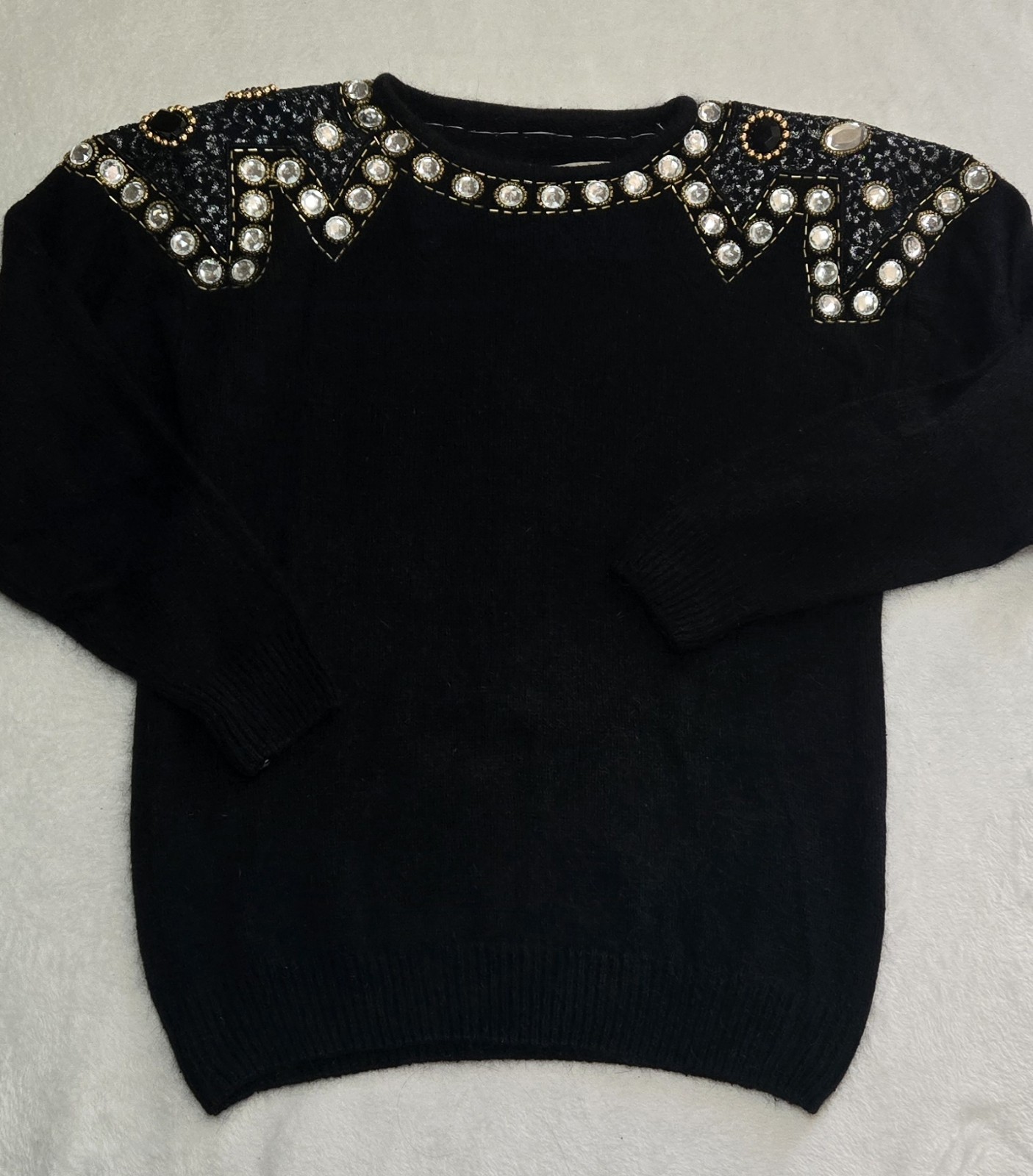 De Rotchild Black Gold Vntg 80’s 90’s Embellished Beaded Boatneck Sweater M