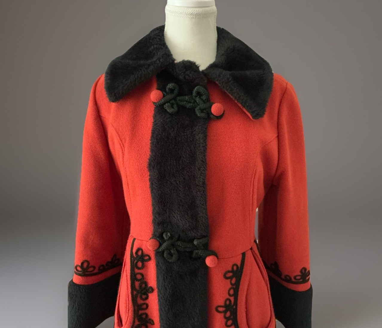 Vintage Red Orange Russian Princess Coat Black Faux Fur Trim 1960’s