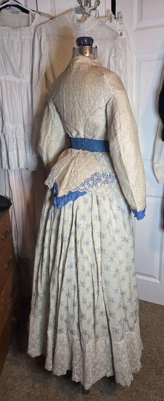 1850s Victorian 4pc Beige/Teal Cotton Blend Visiting Dress w/ Peplum & Lace Belt