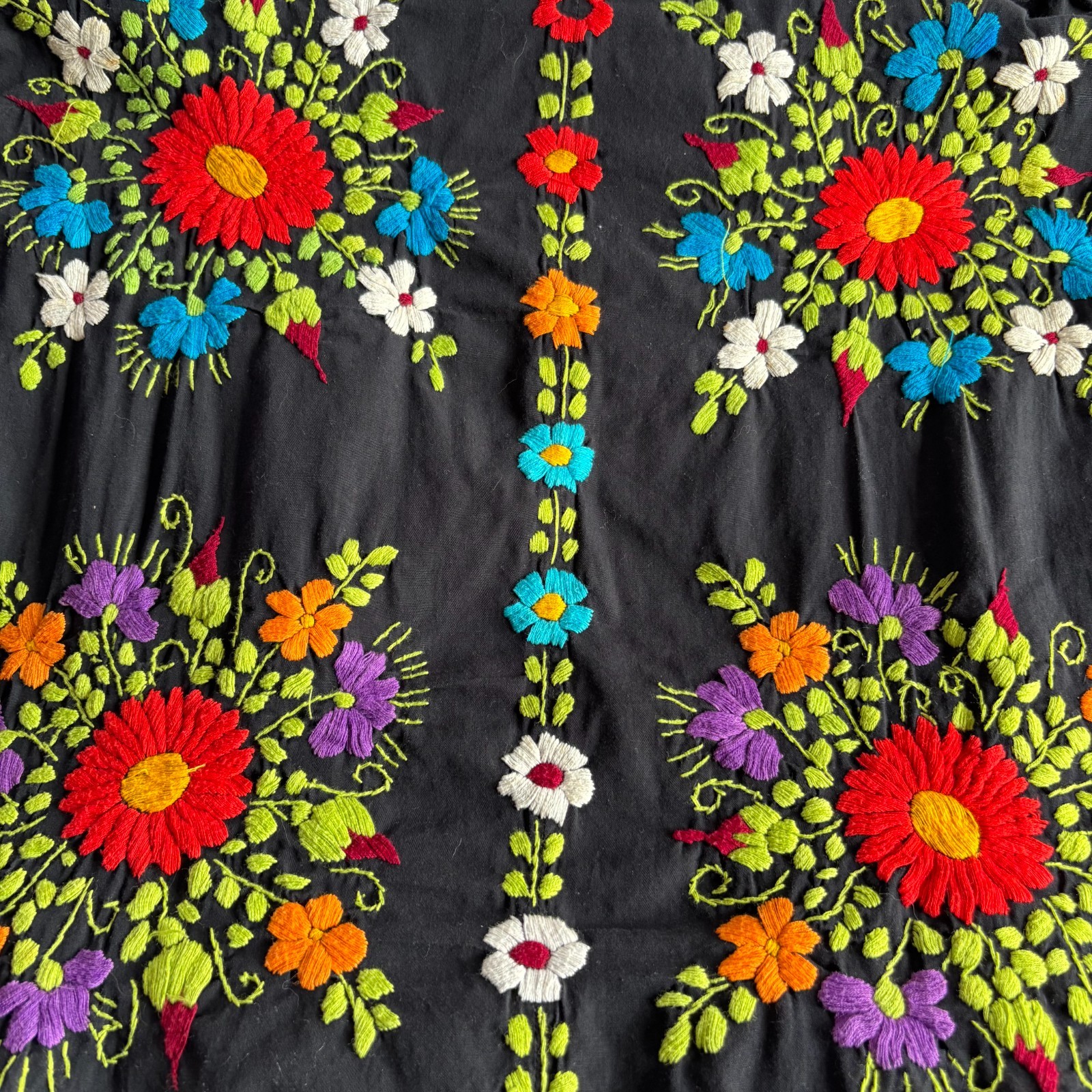 Vtg Black Cotton Colorful Floral Embroidered Mexican Oaxacan Maxi Dress Small