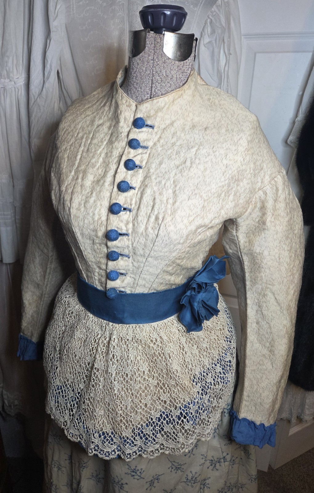 1850s Victorian 4pc Beige/Teal Cotton Blend Visiting Dress w/ Peplum & Lace Belt
