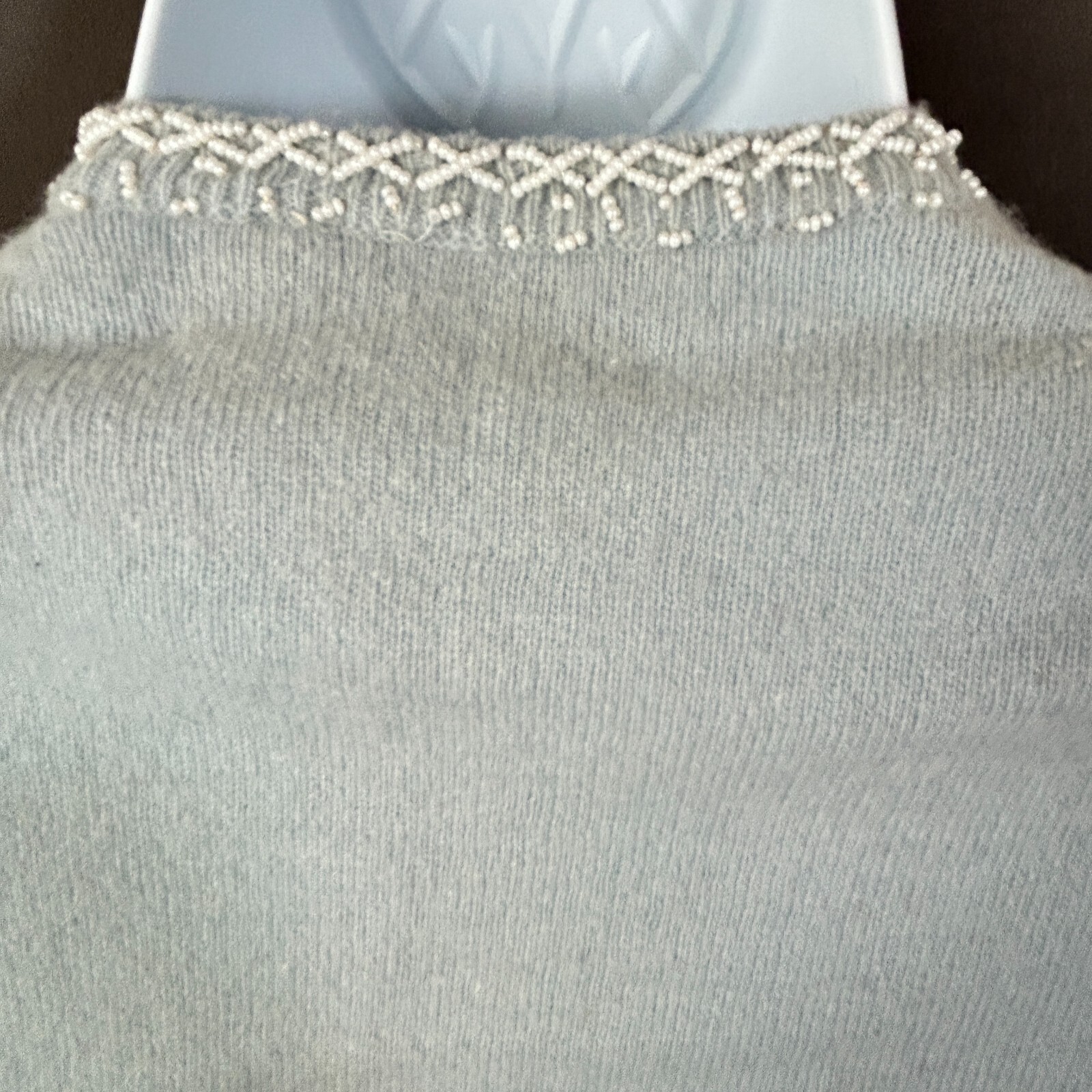 Vintage Hong Kong Blue Angora Wool Beaded Cardigan Sweater Size 40 Small FLAWS