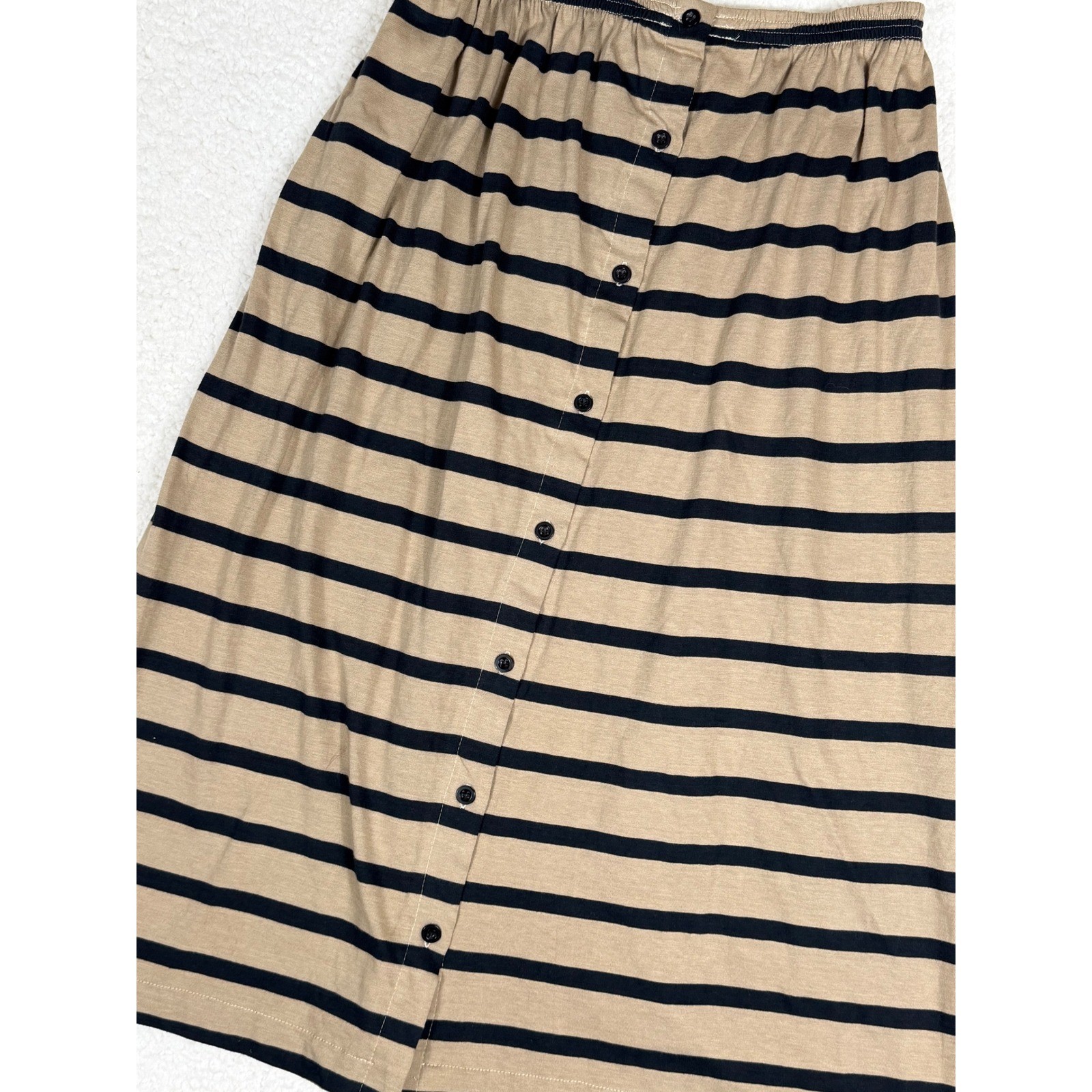 Vintage Liz Claiborne M Tan Black Striped Button Front Midi Skirt Cotton Jersey