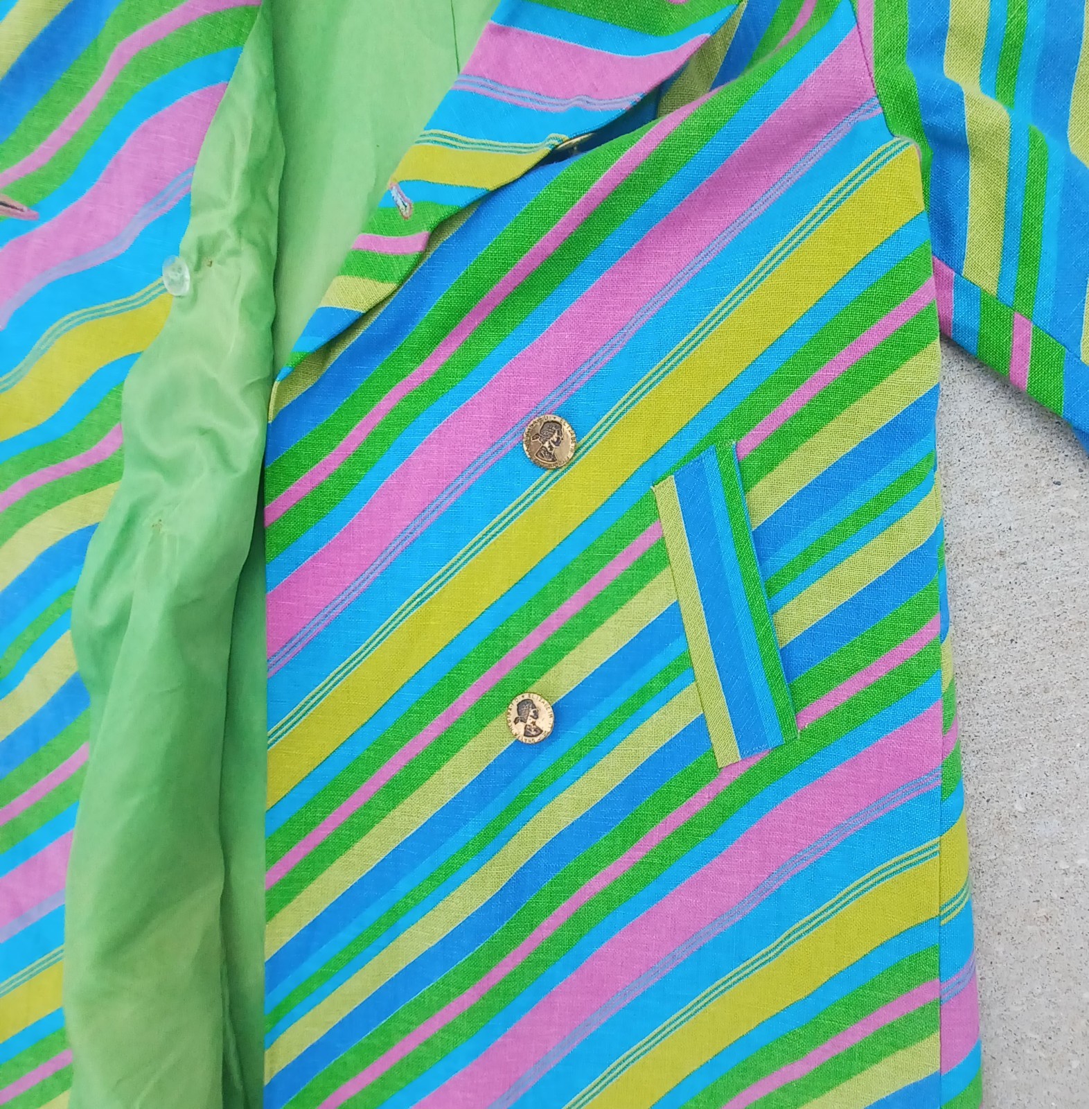 VTG 1960s Mod MCM Psychedelic Stripe jacket Coat ILGWU Union Made trench SZ S/M