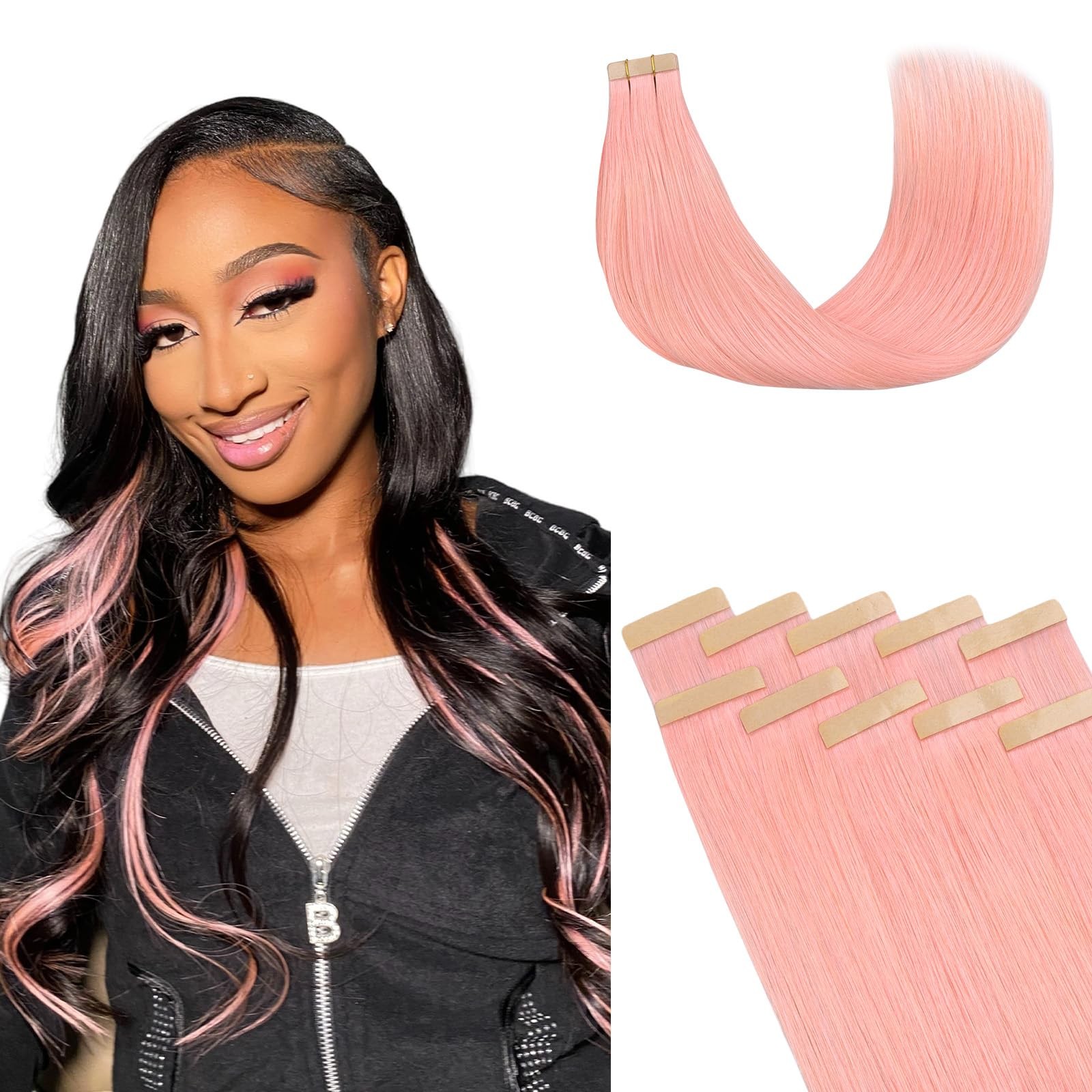Lashey Pink Tape in Human Hair Extensions 22″ 30g 10pcs Real Remy