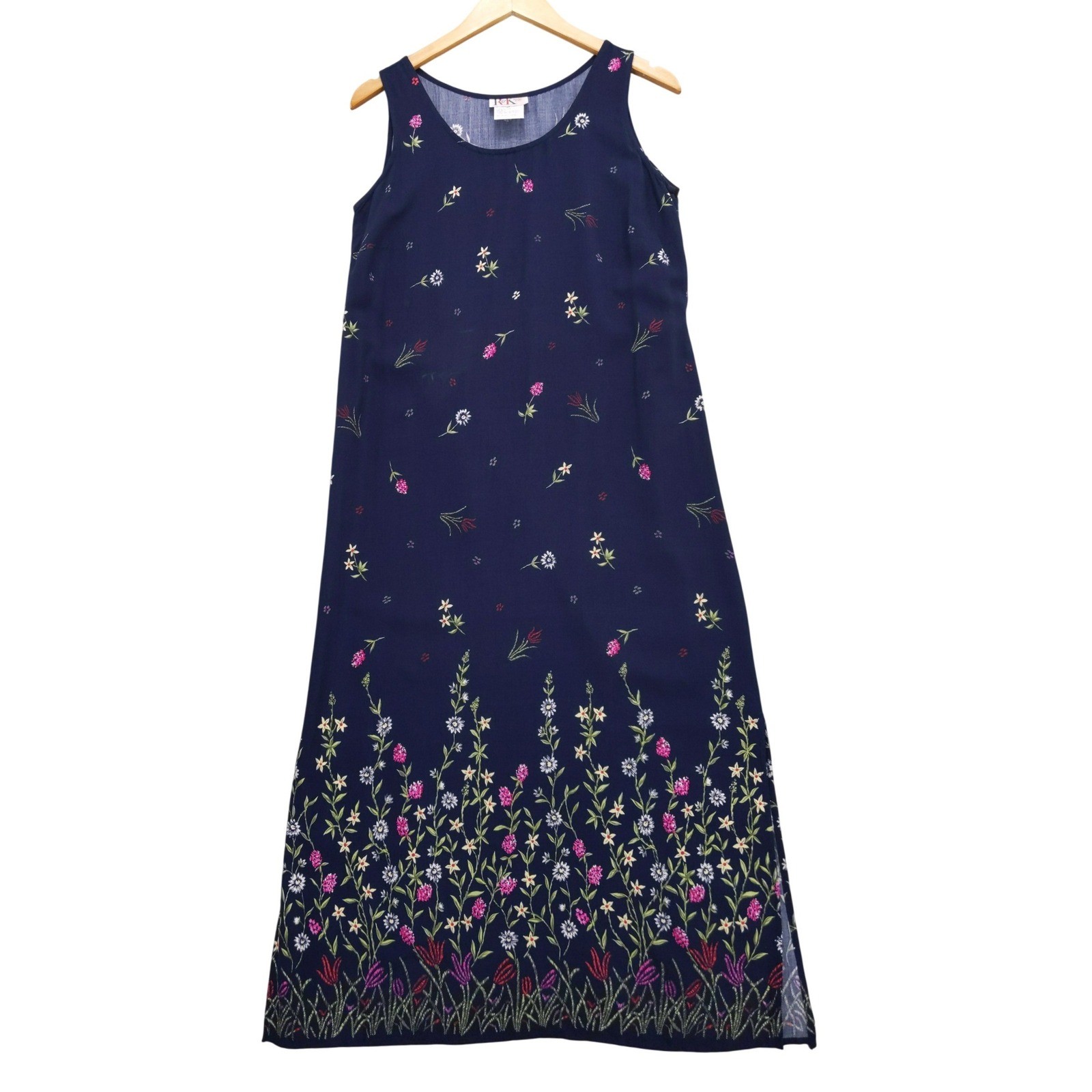 Vintage 90s R&K Original Maxi Dress Sz 8P Tie Back Floral Border Print Rayon