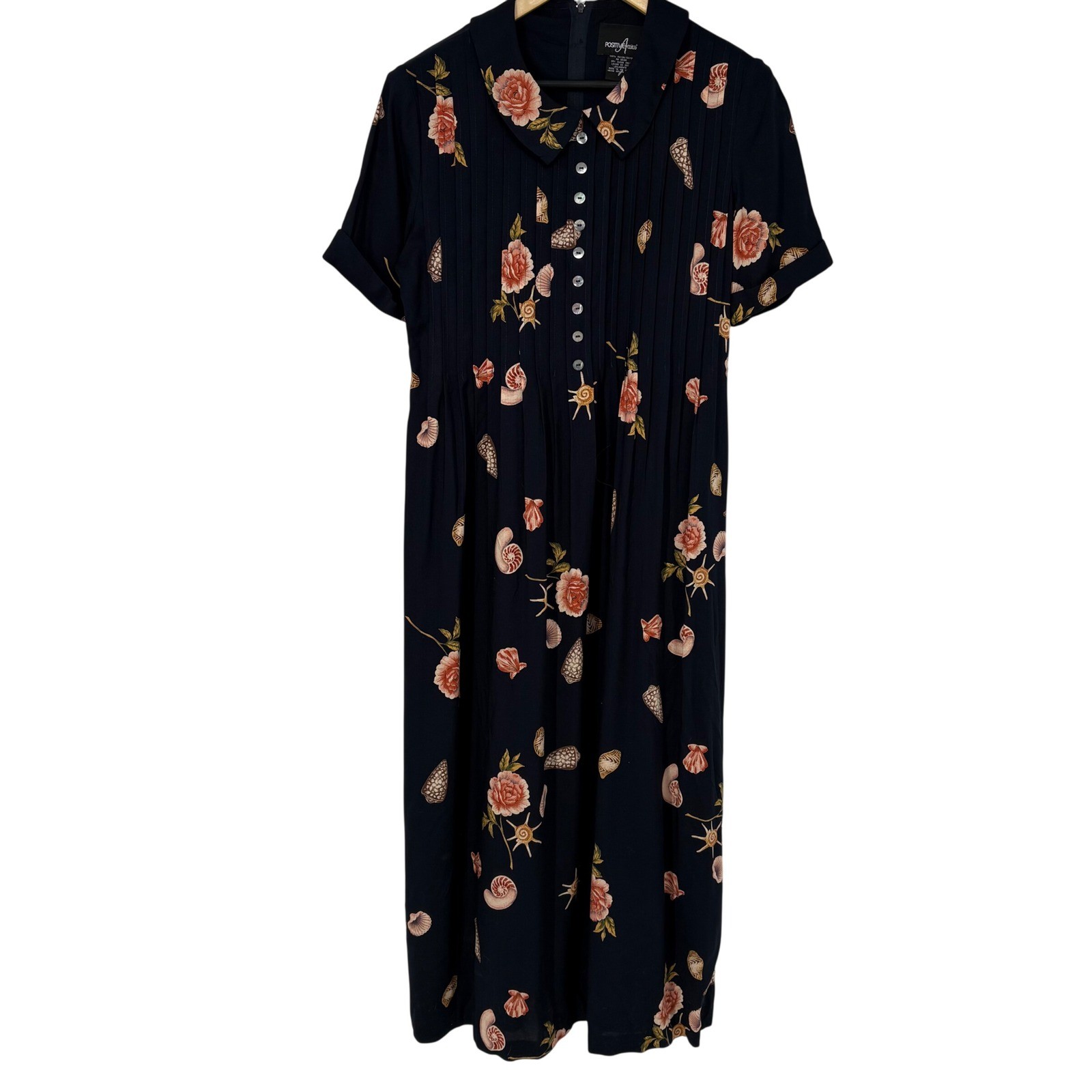 Positive Attitude Vintage Navy Shell Floral Midi Dress Peter Pan Collar Size 8