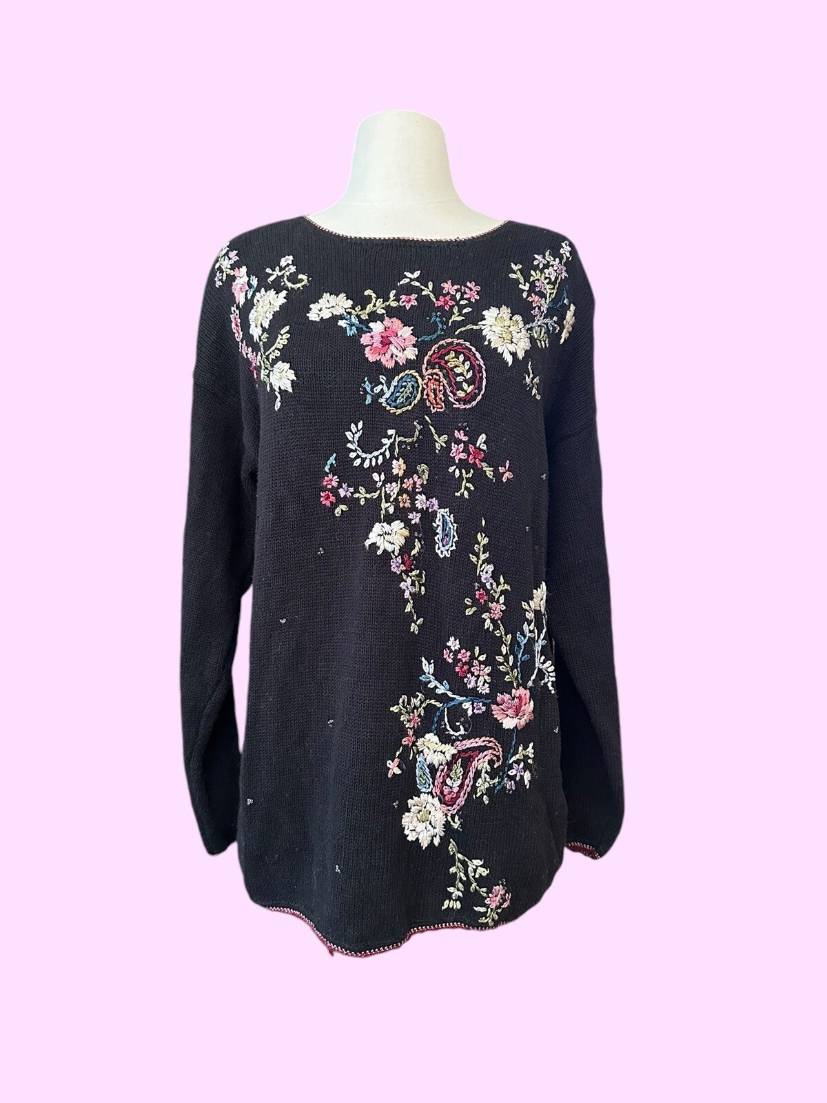 Vintage 90’s Black Embroidered Granny Core Sweater Size Women’s Medium