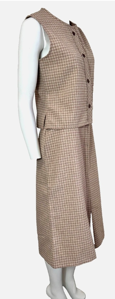 60s-70s Plaid Vest Top Skirt Set Size Small Career Guild Vintage Midi Brown Red
