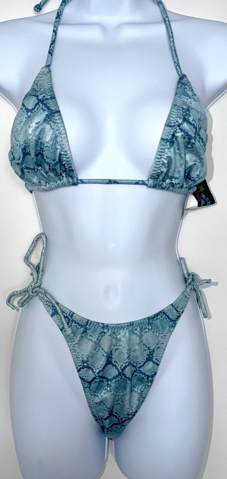 Vintage 90s Bikini joes Blue Shimmer Python HIGH CUT String Bikini NWT Large