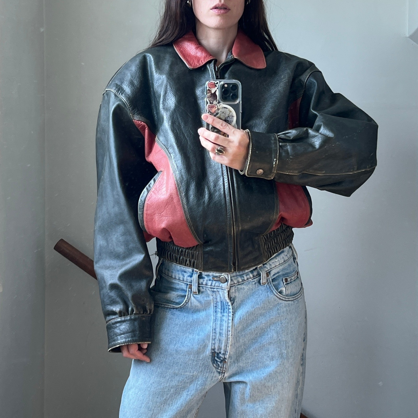 Vintage Leather Bomber Jacket Faded Black Red Colorblock Moto Biker 90s Baggy