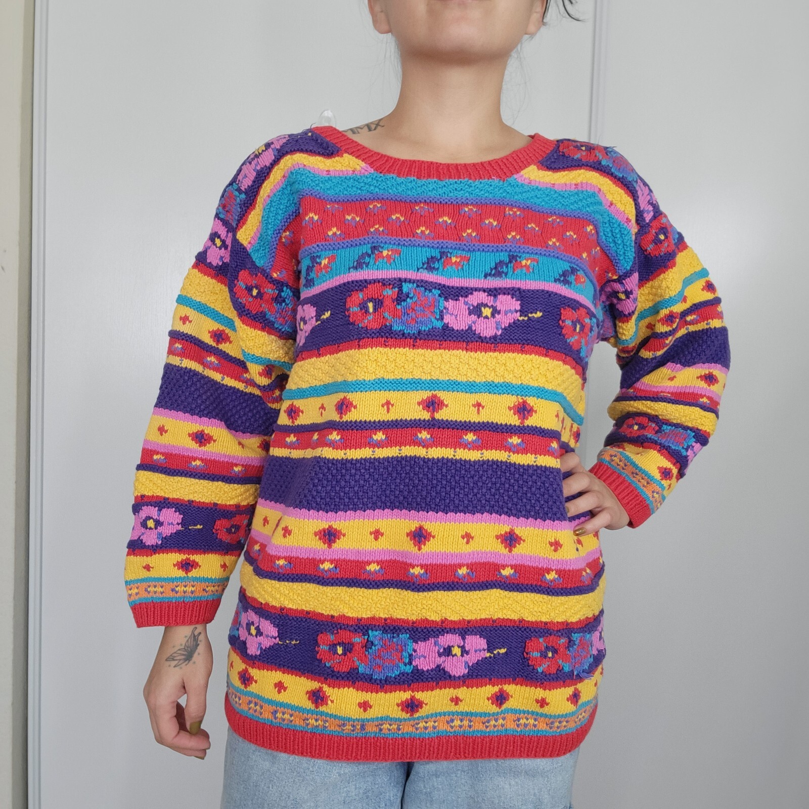 VTG 90s Multi Color Floral Geometric Knit Sweater Pullover Boho Funky Large
