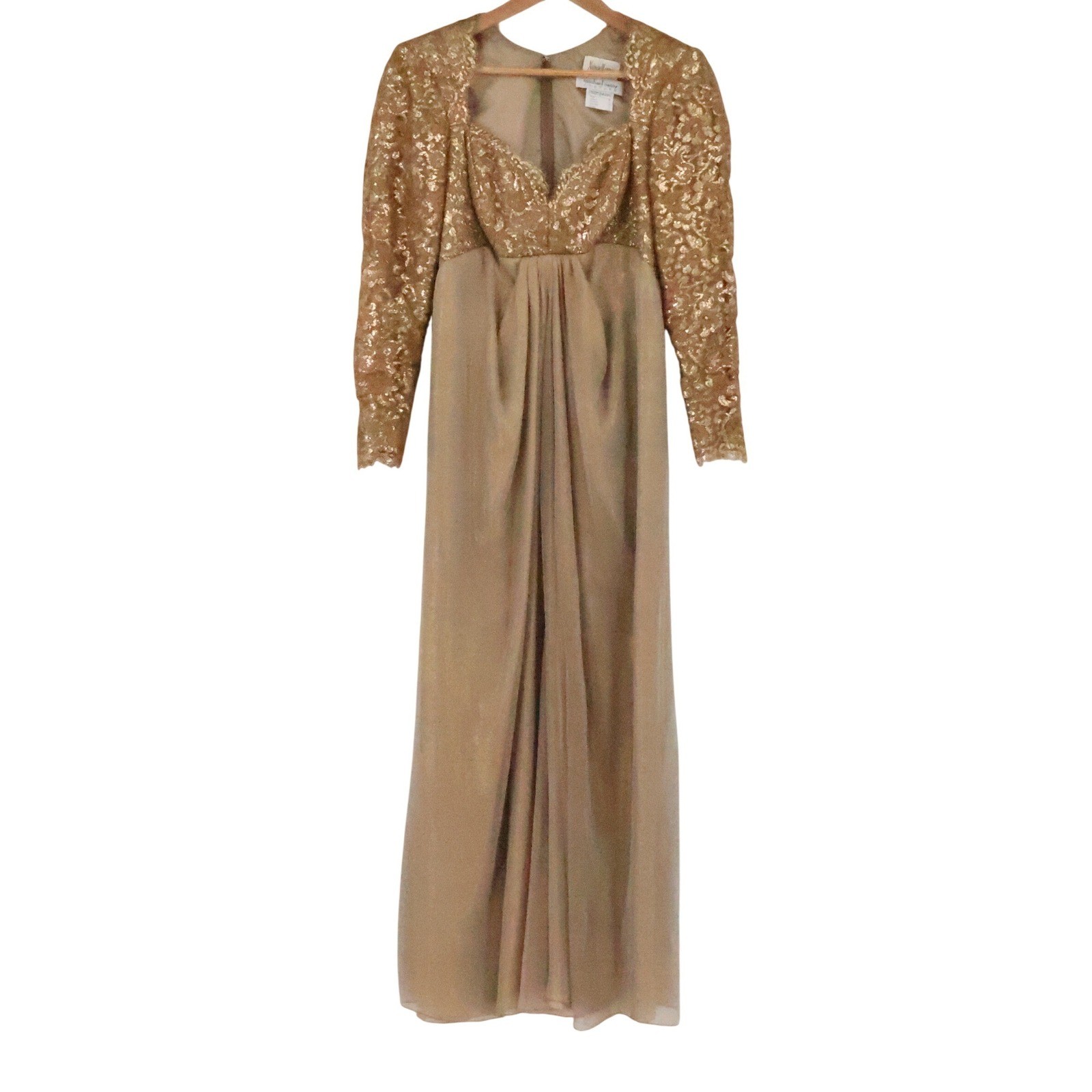 Vintage 70s Gold Lace Empire Waist Maxi Dress Size 4 Regency Romantic Formal