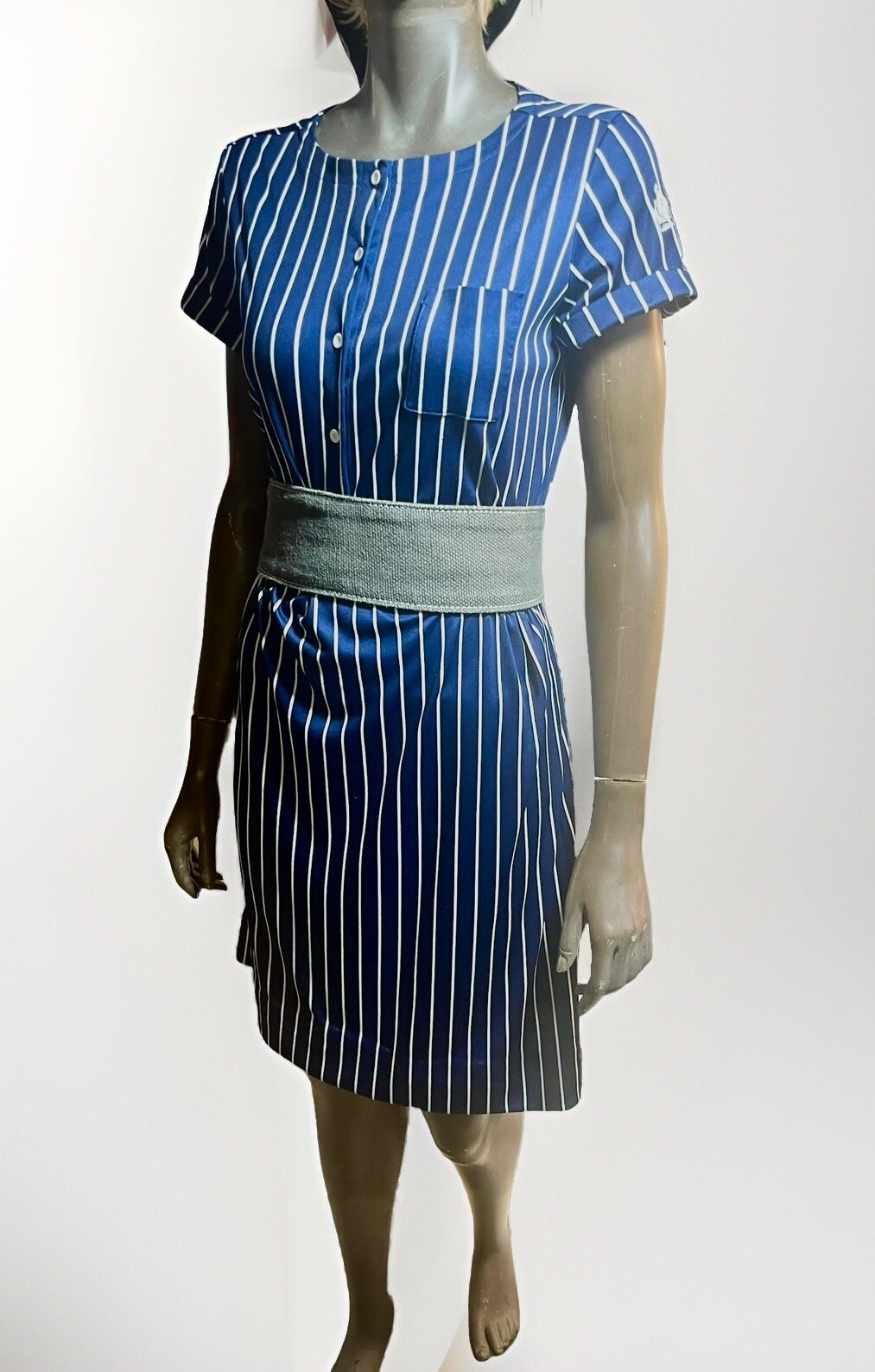 Vintage LANVIN 1970s Poly Knit French Designer Embroidered Logo Day Dress L 16