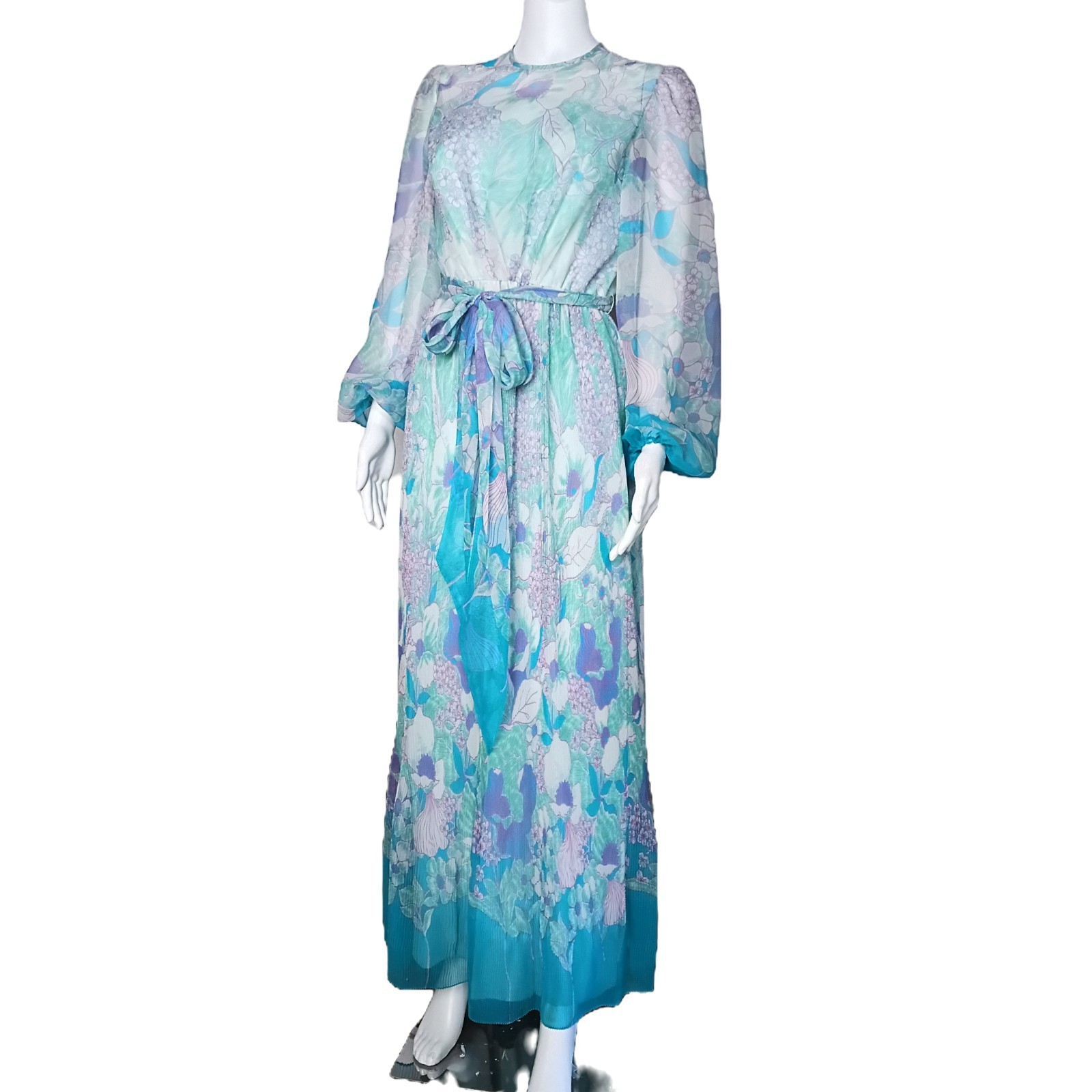 VTG 70’s Jack Bryan Multicolor Floral Print Sheer Chiffon Maxi Dress Size W Sz6