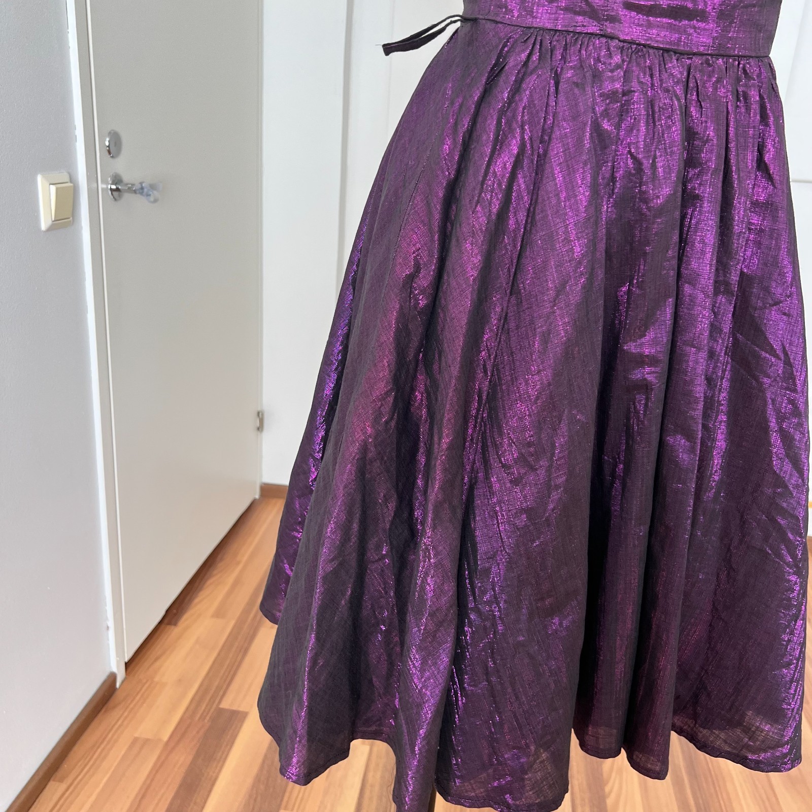 1980s Purple Lame Cocktail Dress Cotton Blend Portrait Collar Off Shoulder Party
