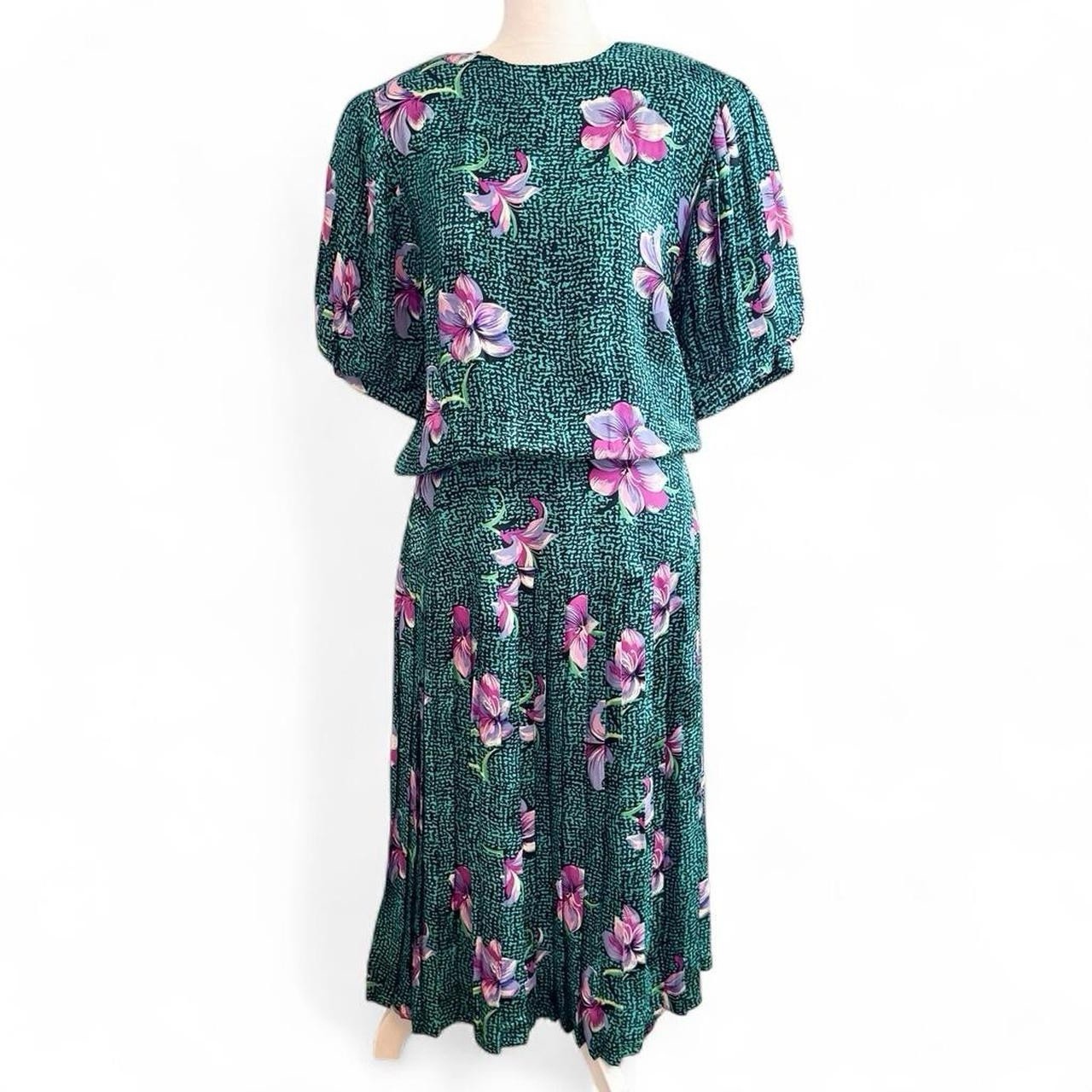 Vintage 80s Maggy London Jeannene Booher Silk Teal Floral Fit Flare Dress Sz 10