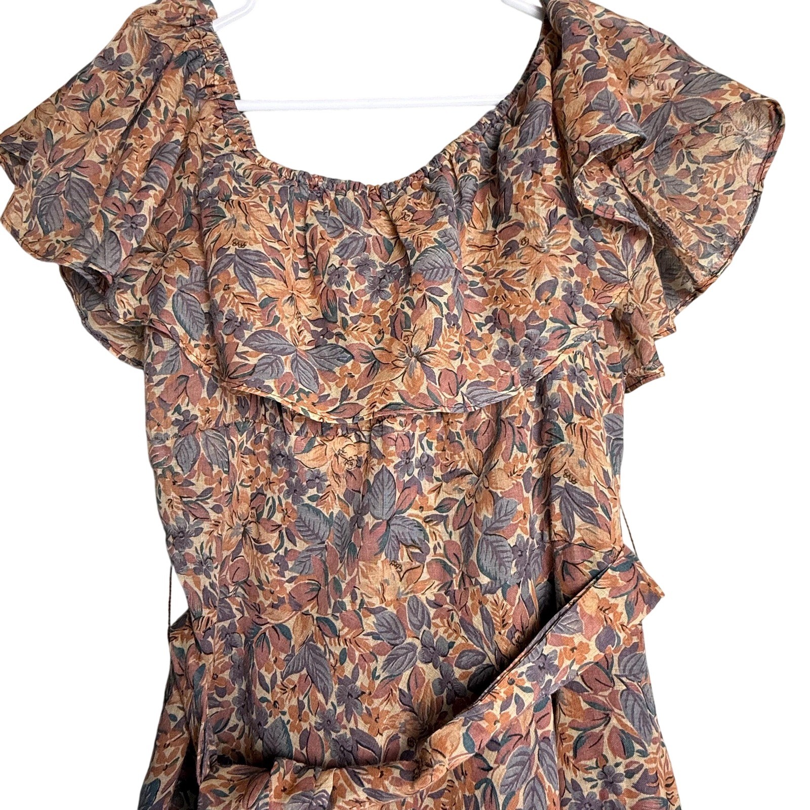 Vintage 70s Samuel Blue Floral Brown Ruffle Midi Dress Small Cottagecore Boho