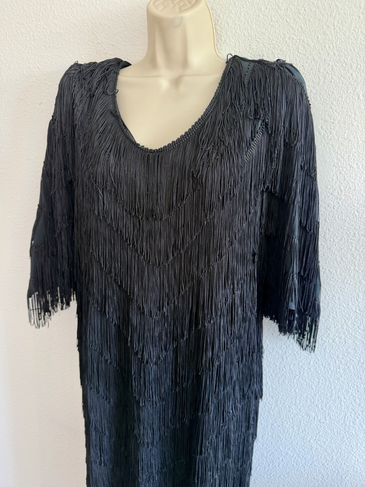 Vintage 80s Fully Fringe Dress Black Sz XL Flapper Knee Length Art Deco Cocktail