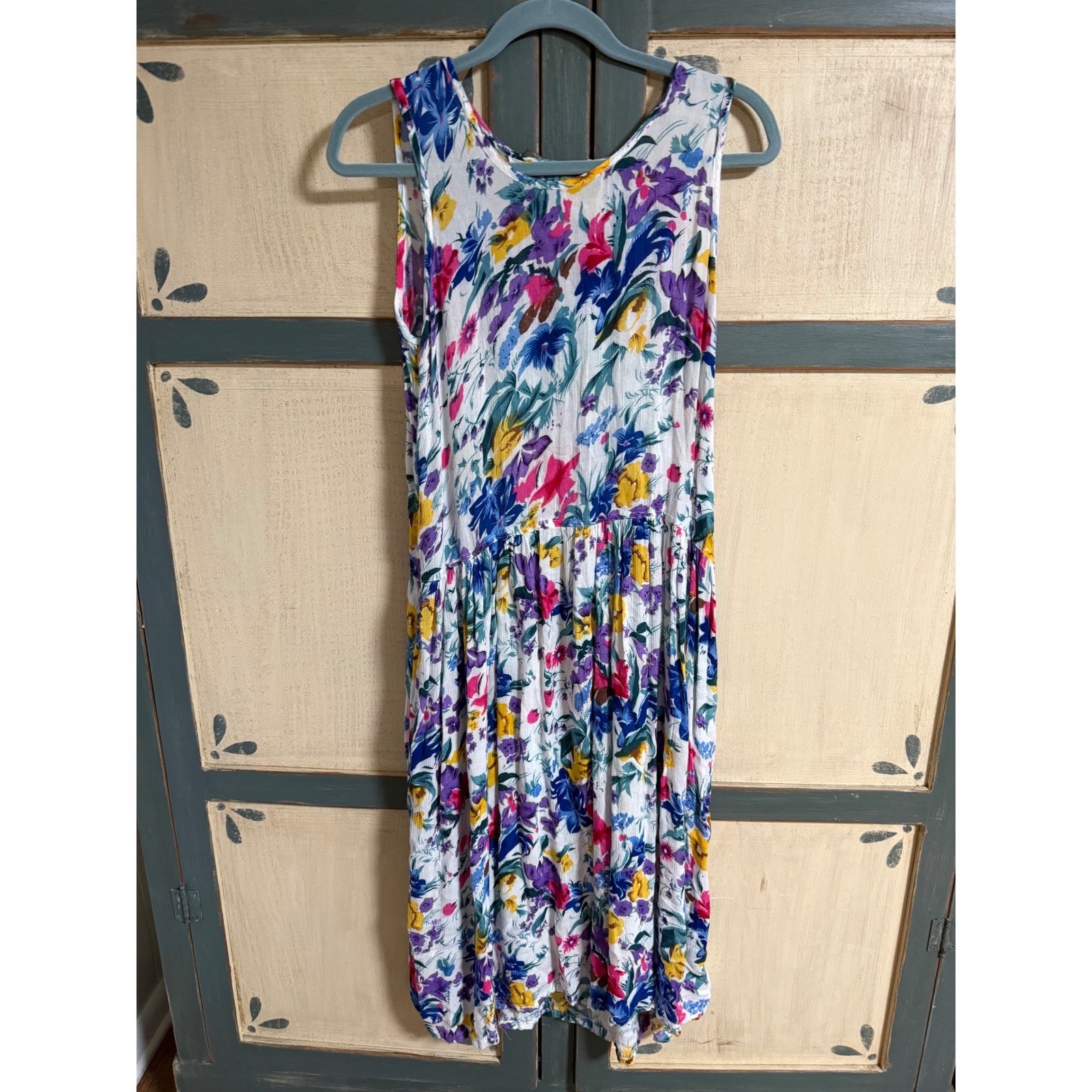 Vintage Multi-Color Floral Drop Waist Midi Dress Sleeveless Gauze Boho Artsy