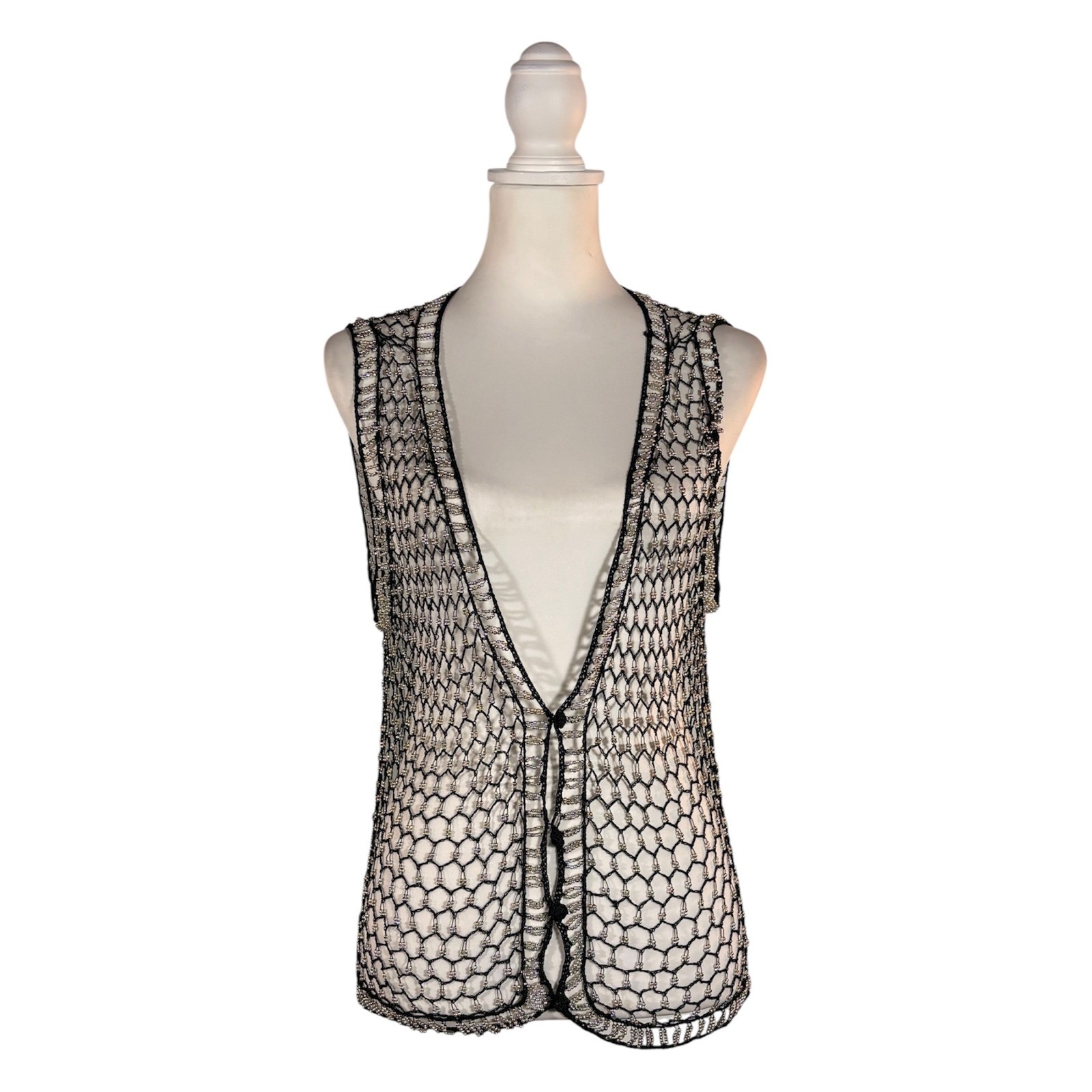 Vintage 90s Crochet Beaded Vest Women’s M Boho Hippie Retro Goth Glam Festival