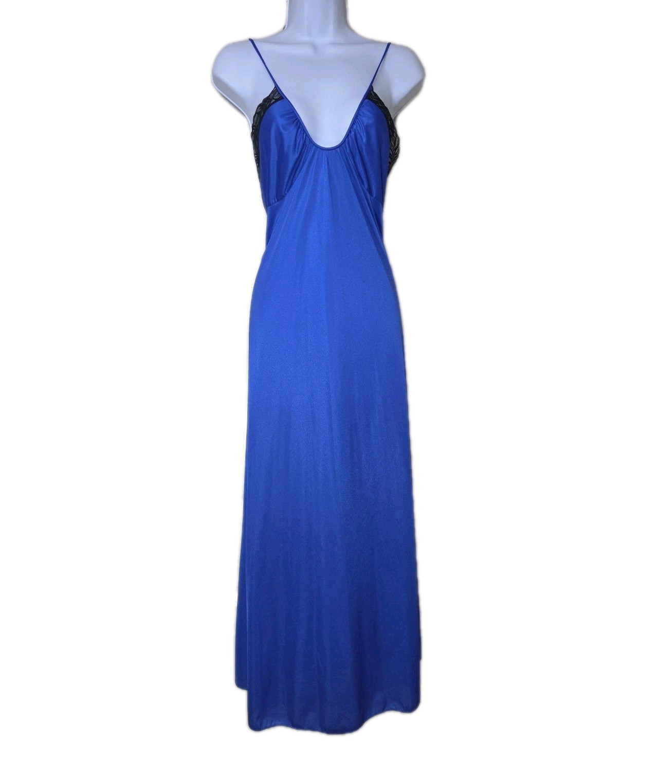 Vtg 1980s Long Nightgown Royal Blue Nylon Black Lace Size M San Souci Scoop Neck