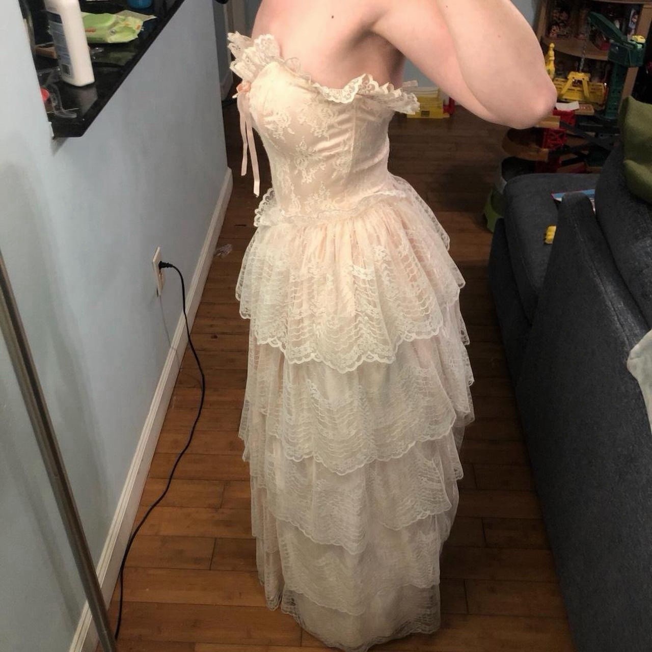Zum zum 1970s lace strapless maxi ruffle prairie dress ball gown with corset top