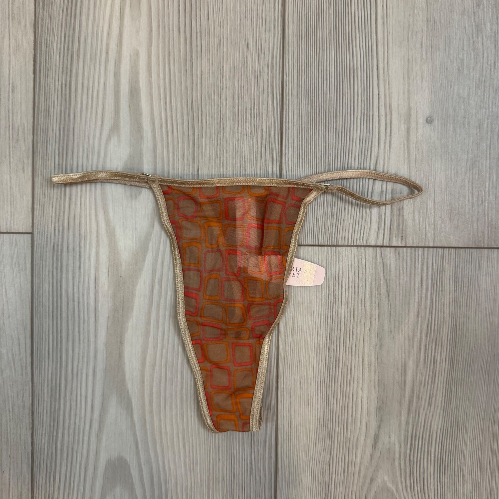 Vintage Victoria’s Secret Mesh V-String Thong Orange Geometric Print Y2K NWT S