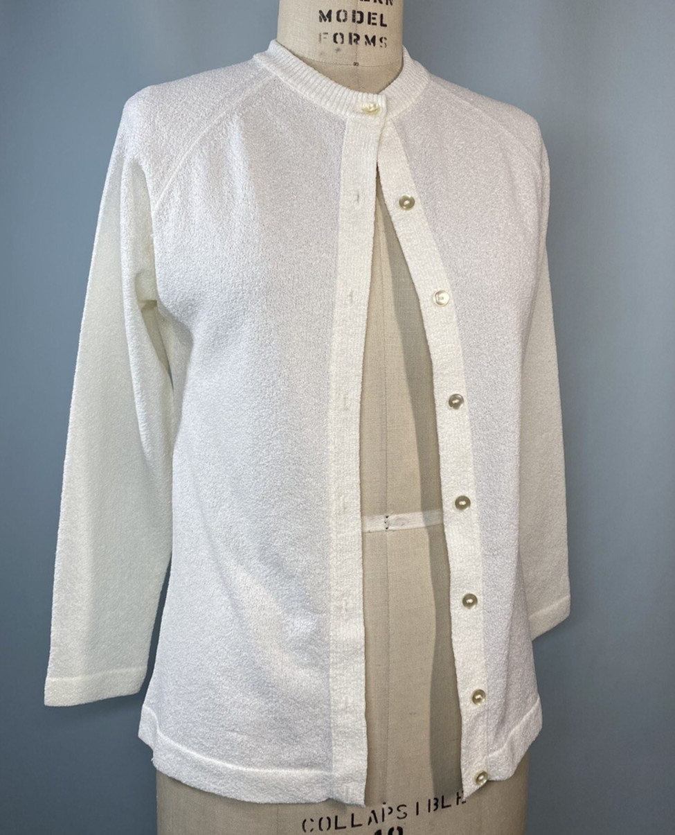 Vintage Cardigan SIZE 34 SMALL IVORY WHITE washable TALBOT TRAVLER 60s 70s