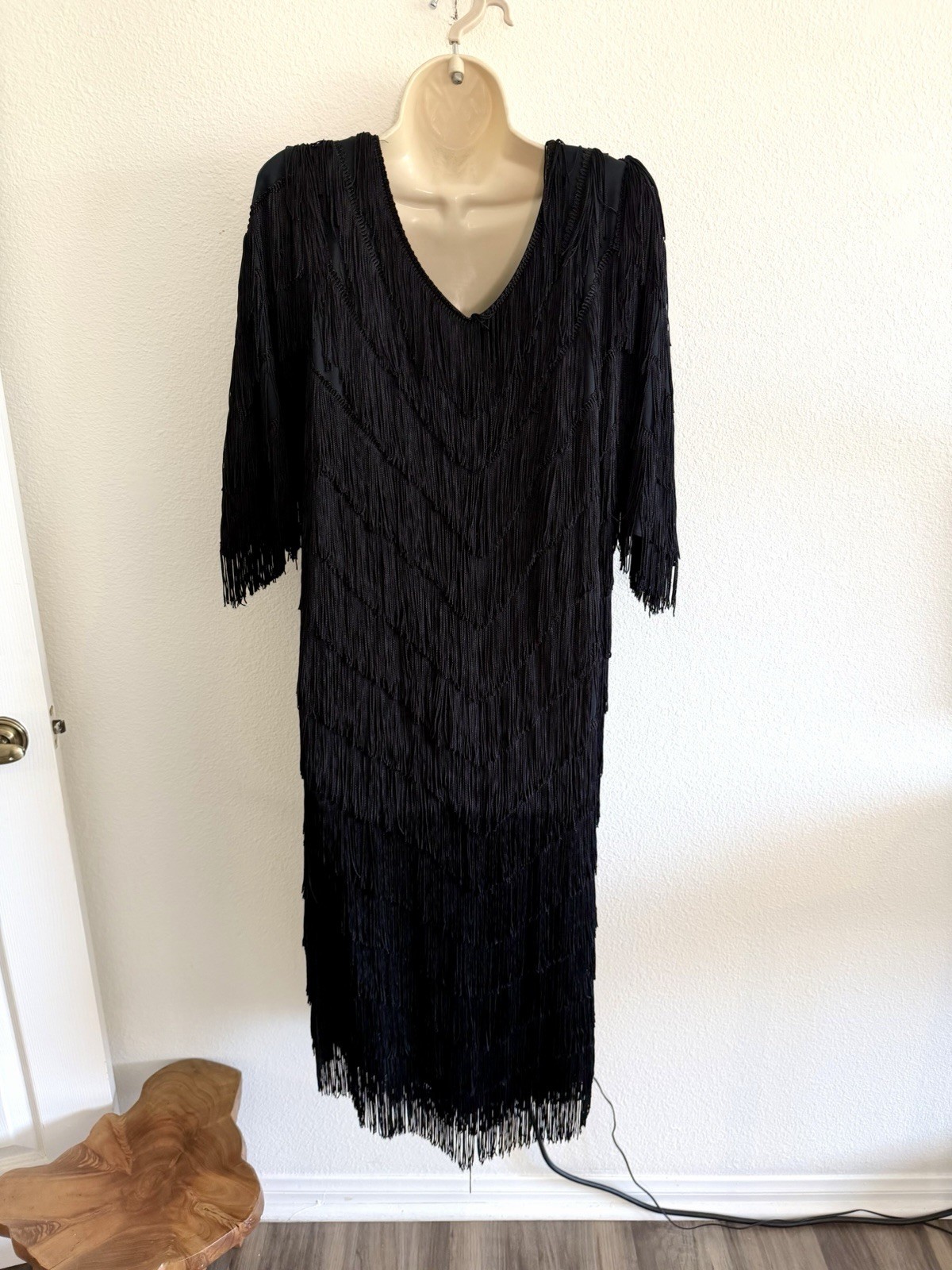 Vintage 80s Fully Fringe Dress Black Sz XL Flapper Knee Length Art Deco Cocktail