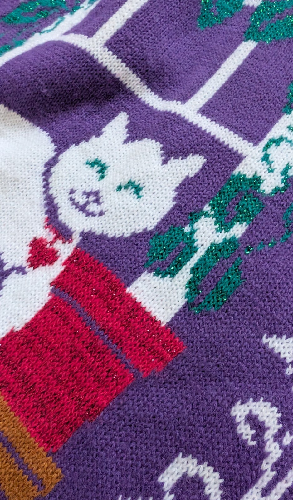 Vintage 1990s Made USA Purple Cat Lady Sweater, Size L, 40 In, Excellent