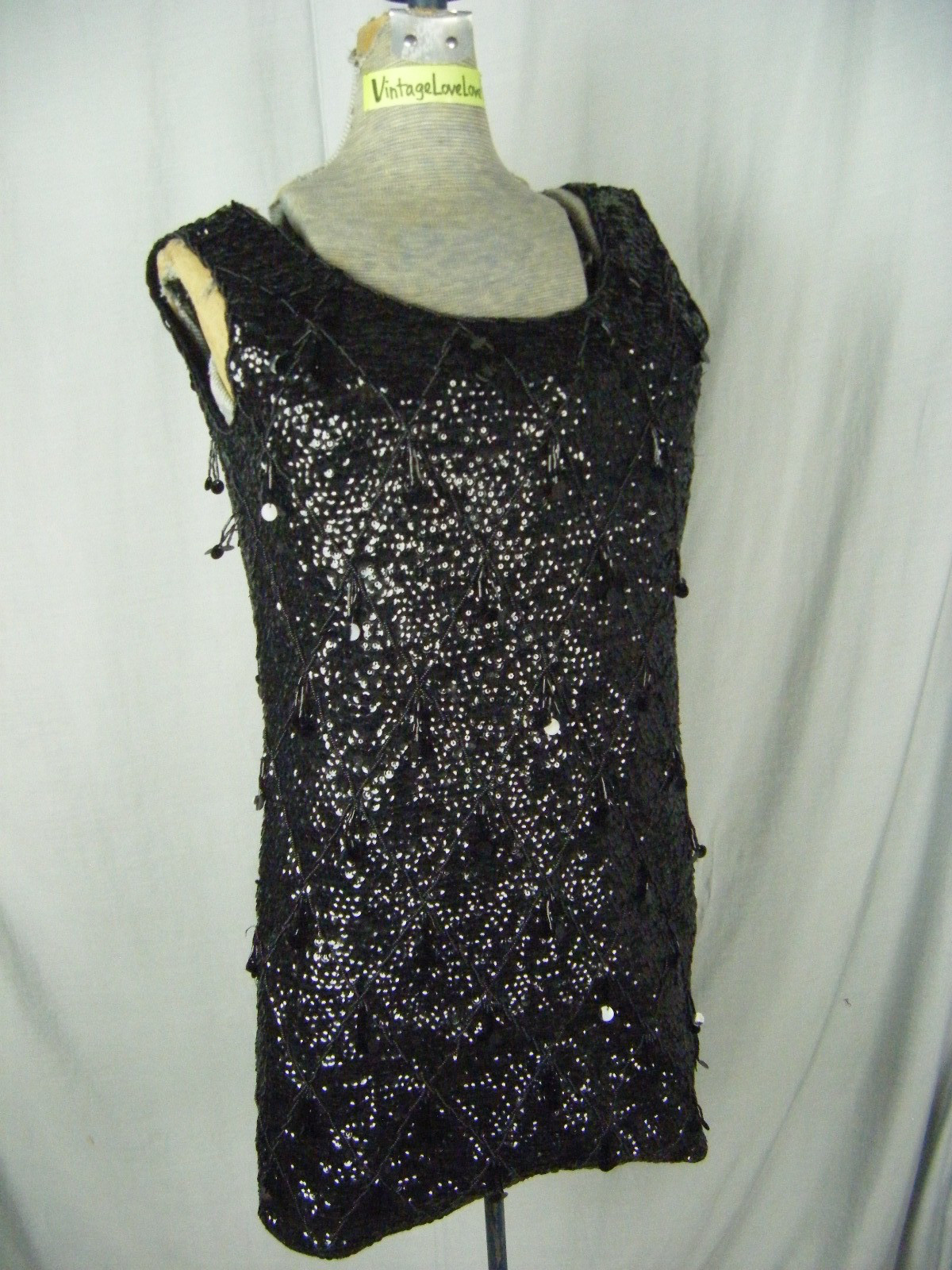 Vtg 60s Heavy Sequin Fringe Beaded Wool Black Tunic Mini Dress-Bust 34-38/2XS-XS