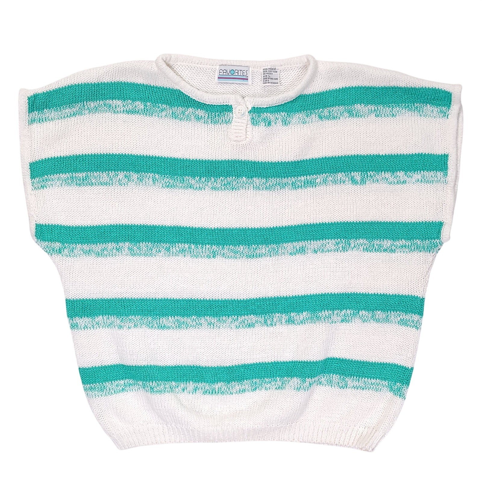 Vintage Favorites Teal White Striped Ramie Cotton Knit Henley Sweater Large