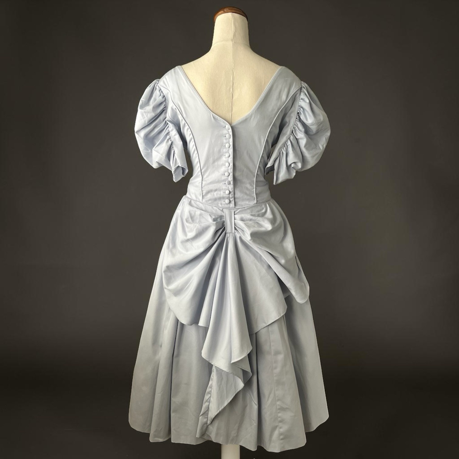 Vintage 80s Laura Ashley Pastel Blue Dress Gown – Bustle Back Puff Sleeve UK14
