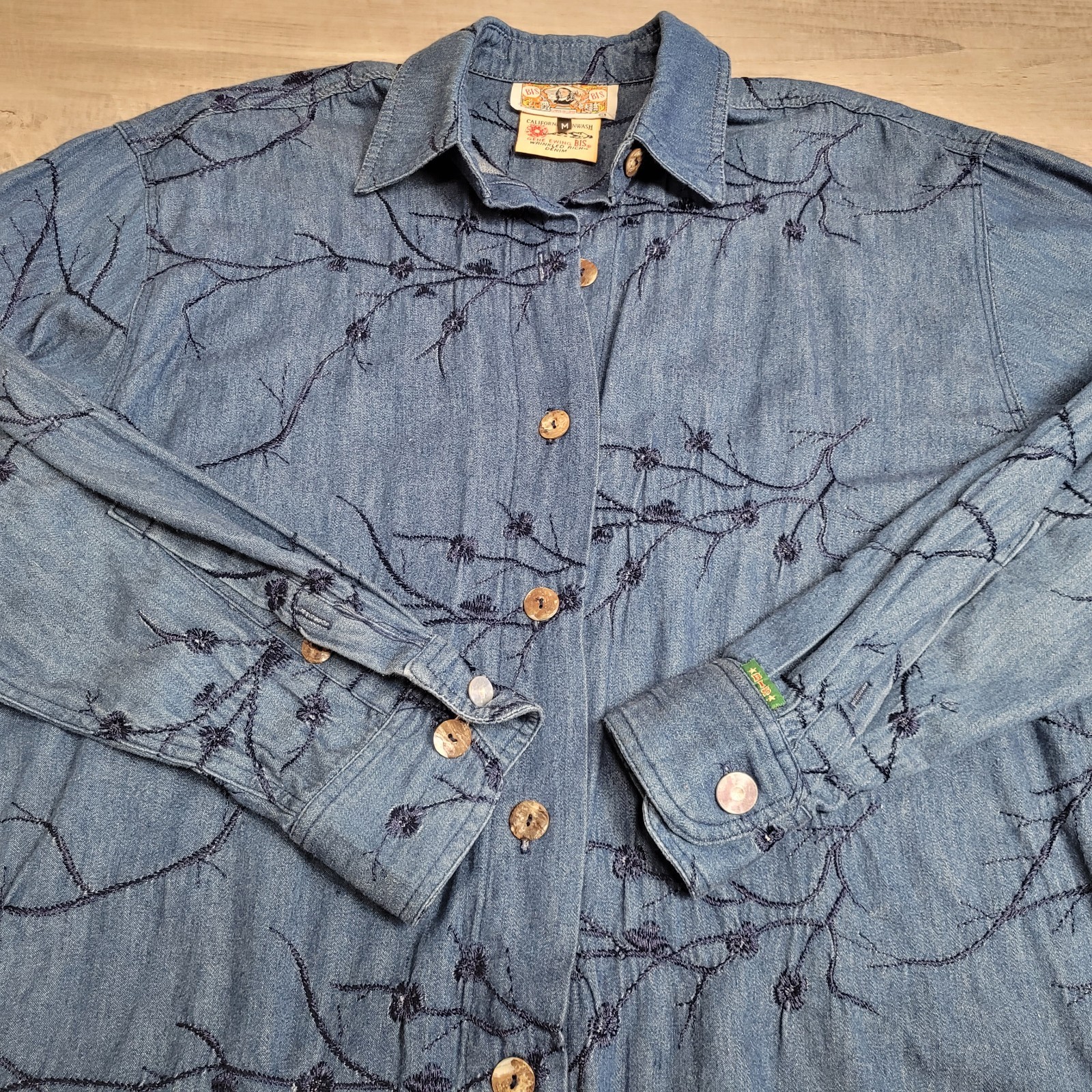 Vintage Gene Ewin BIS Shirt Womens M Wrinkled Rich Denim Embroidered 90’s USA
