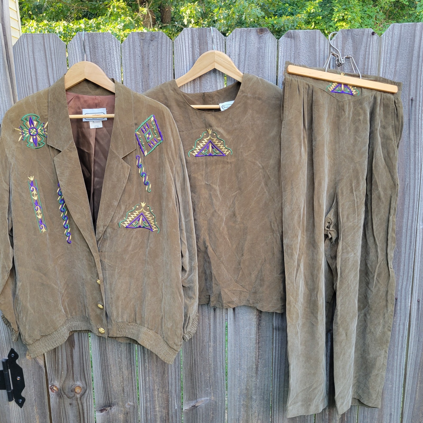 Vintage St. Germain Paris Women’s 3 PC Pantsuit M-L Tribal Aztec Embroidery 90’s