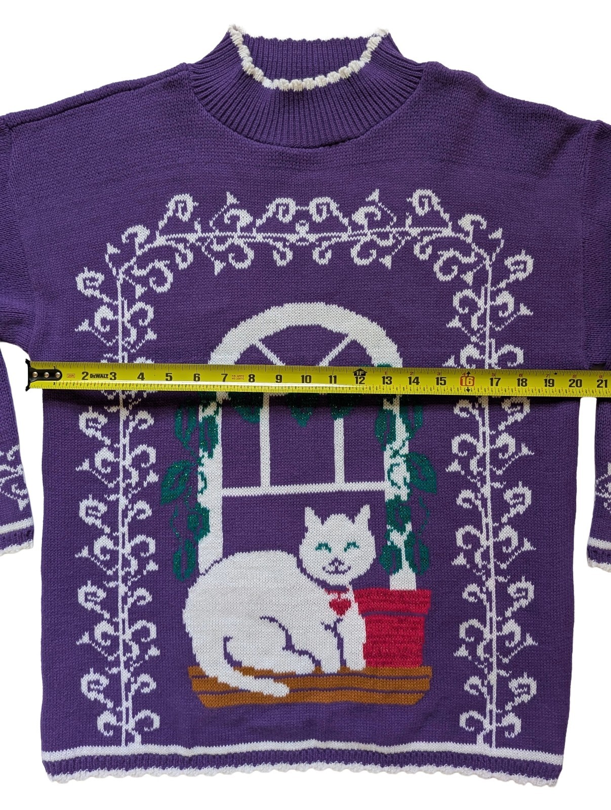 Vintage 1990s Made USA Purple Cat Lady Sweater, Size L, 40 In, Excellent